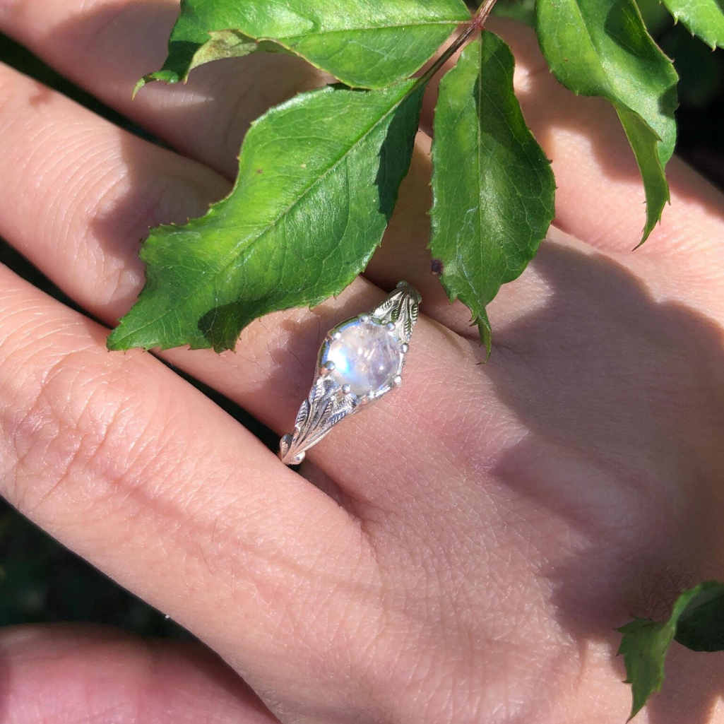 Forest's Wings, Raw Moonstone Solitary Engagement Ring