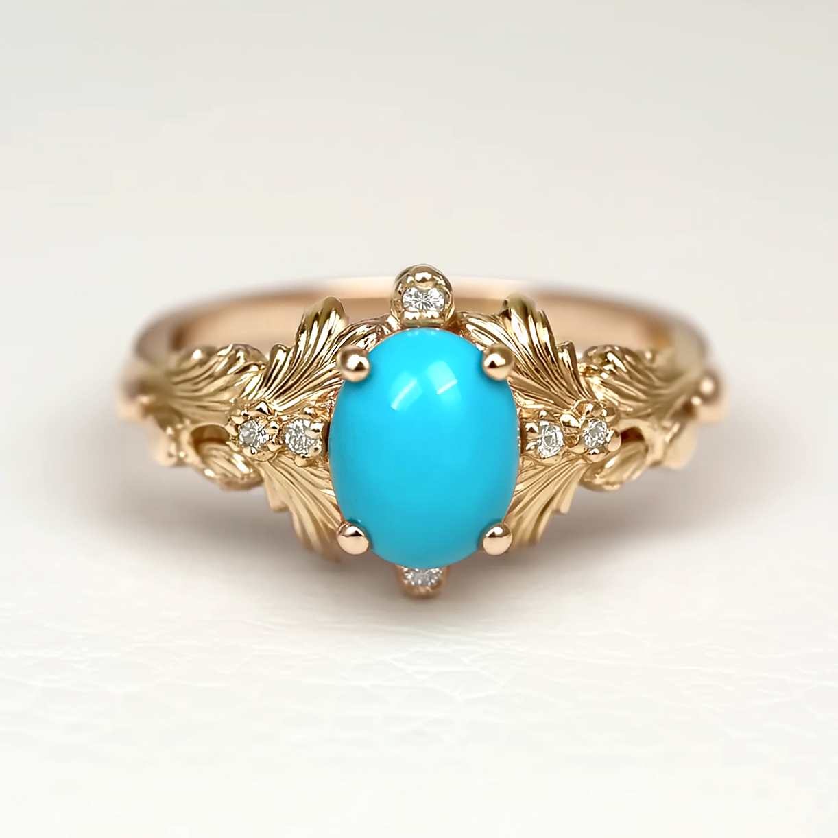 Golden Wings Turquoise Engagement ring, Natural Turquoise Engagement ring, Leafy Turquoise Wedding Ring