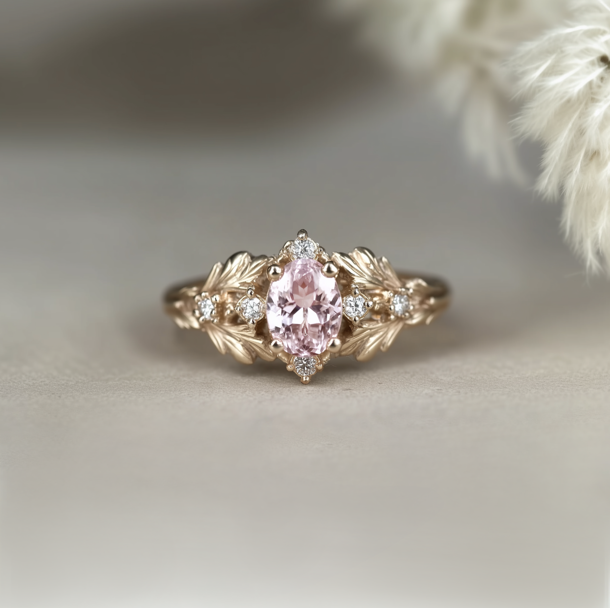 Yellow Gold Leafy Pink Morganite Ring, 14k Solid Gold Pink Gemstone Engagement Ring