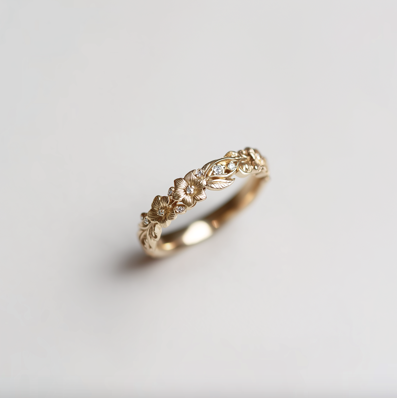 Yellow Gold Floral Diamond Wedding Band, Diamond Wedding Ring, Wedding Band