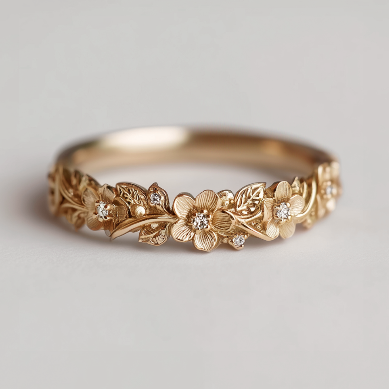 Yellow Gold Diamond Wedding Band, Floral Leafy Diamond Wedding Ring