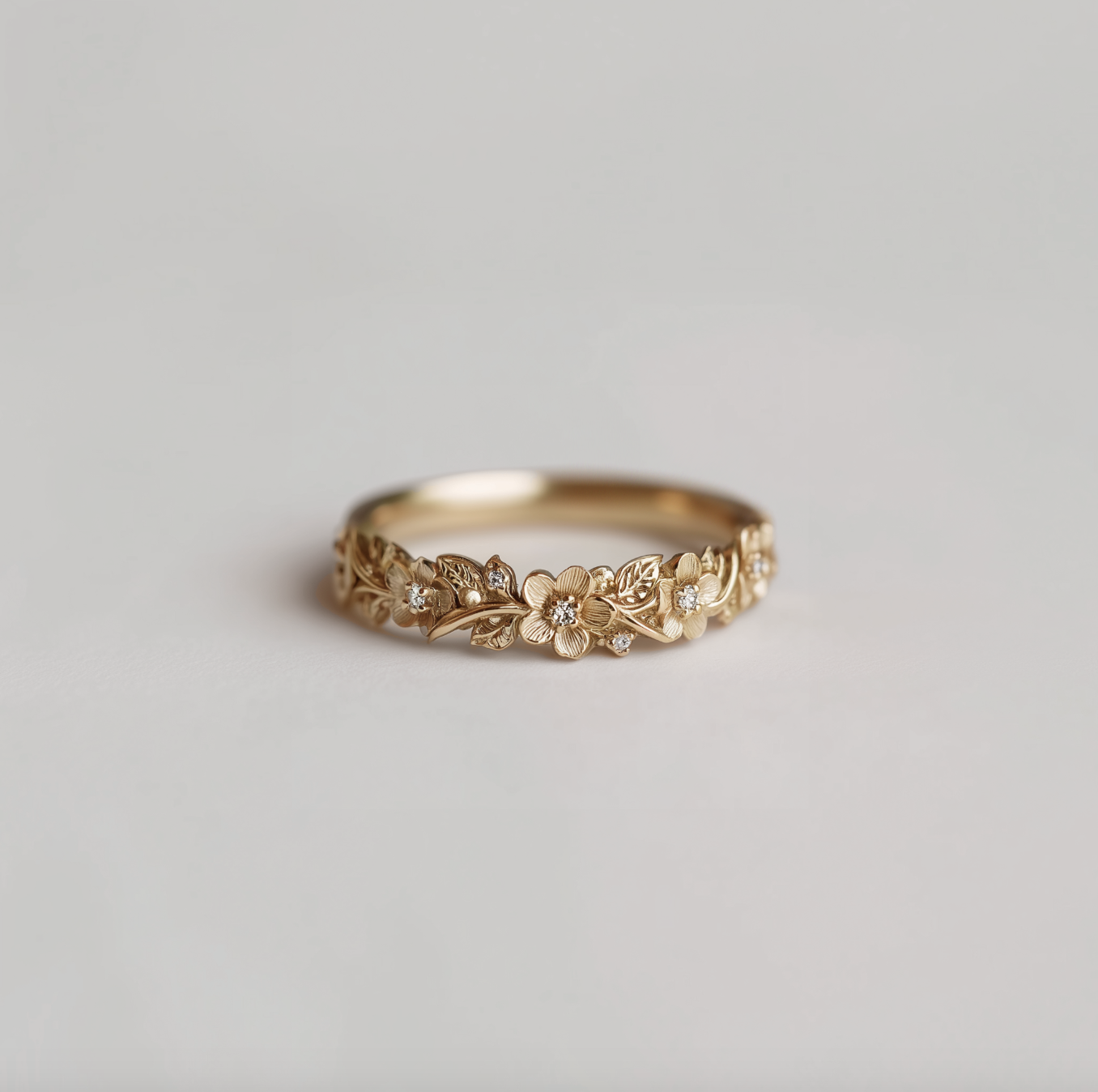 Yellow Gold Diamond Wedding Band, Floral Leafy Diamond Wedding Ring