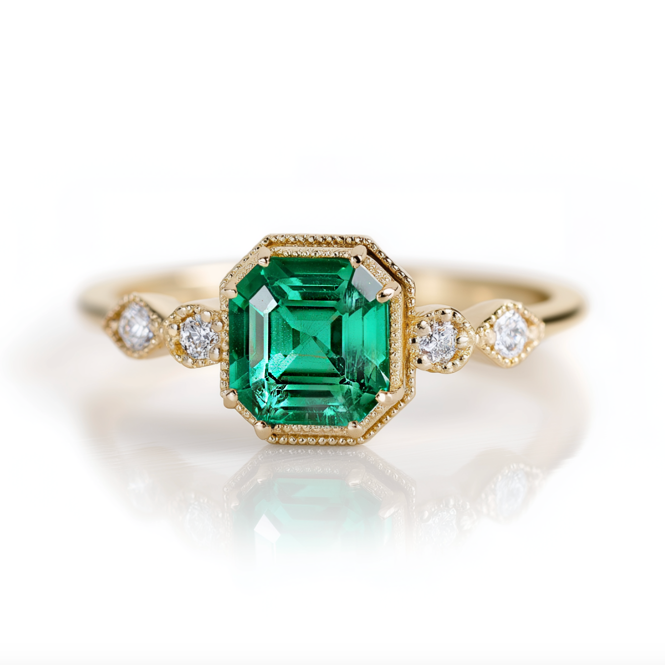 Classic Emerald Engagement Ring, Yellow Gold Emerald Ring With Diamond