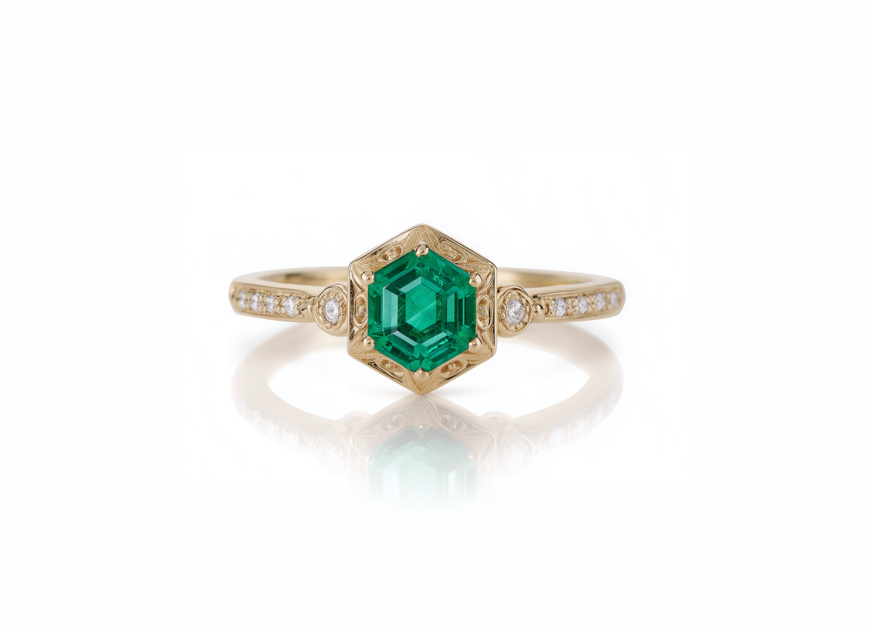Hexagon Emerald Engagement Ring, Yellow Gold Emerald Ring With Diamond
