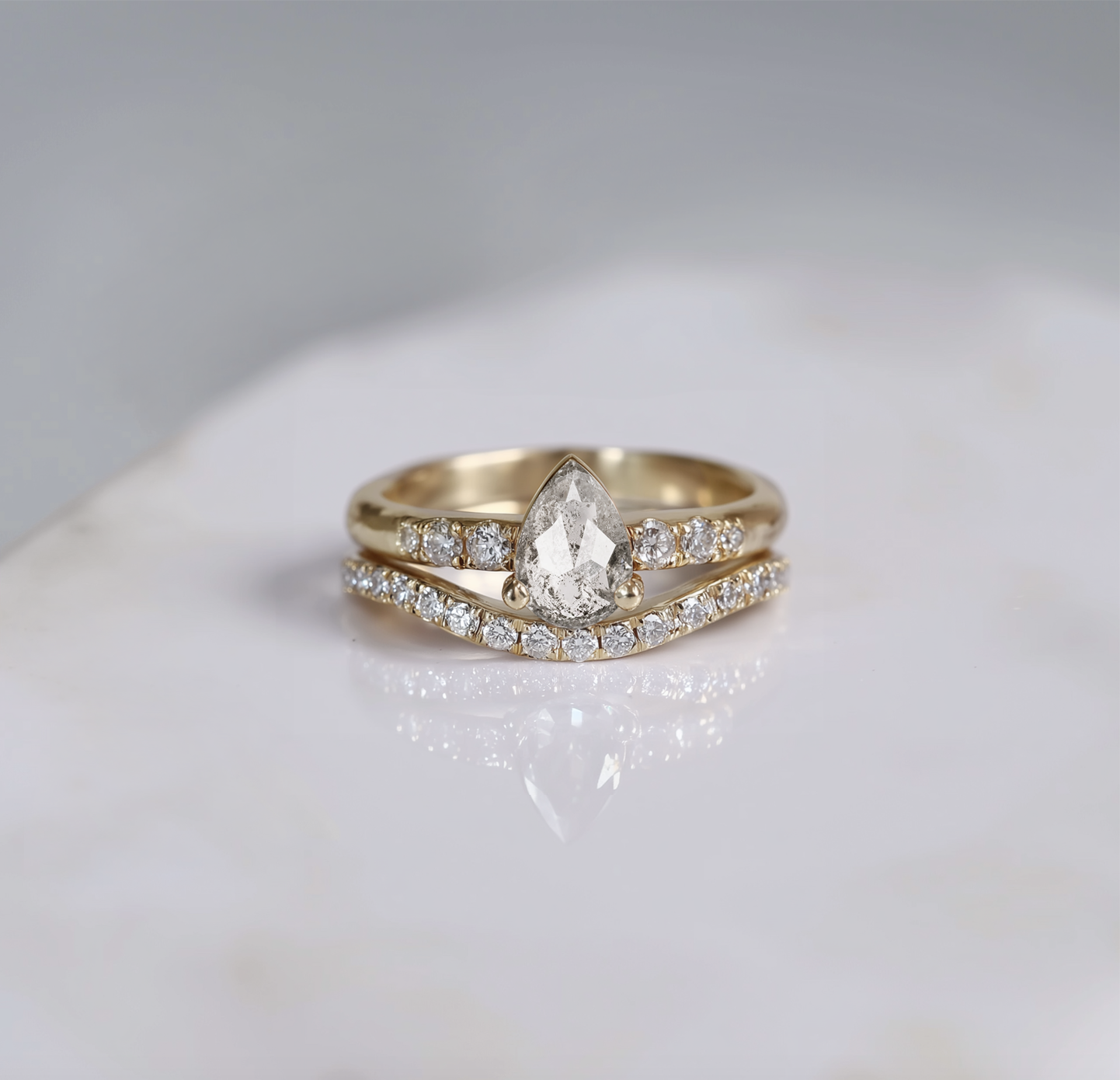 Haze Salt and Pepper Diamond Wedding Ring set, Yellow Gold Diamond Engagement Ring