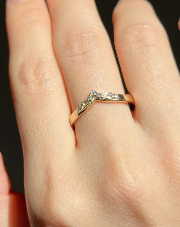 14k Gold Chevron Wedding band, Diamond Wedding stacking Ring for women