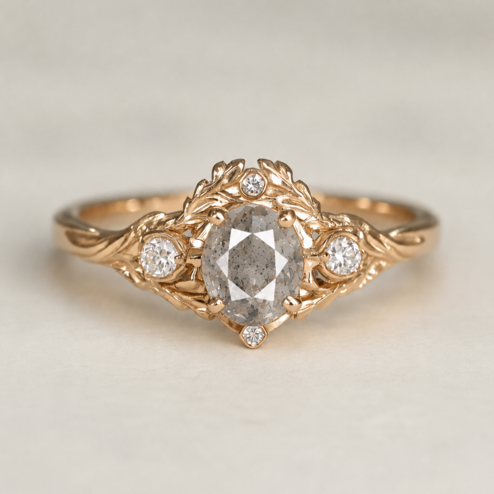 Gold ring with a central diamond and smaller diamonds on a light background
