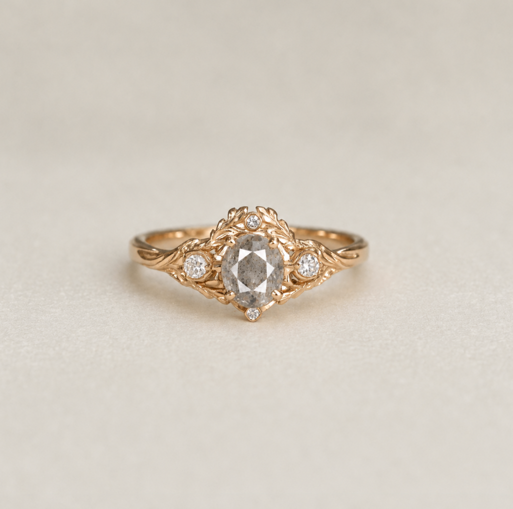 Scarlet Vine oval Salt and Pepper Diamond Ring, Diamond Engagement Ring