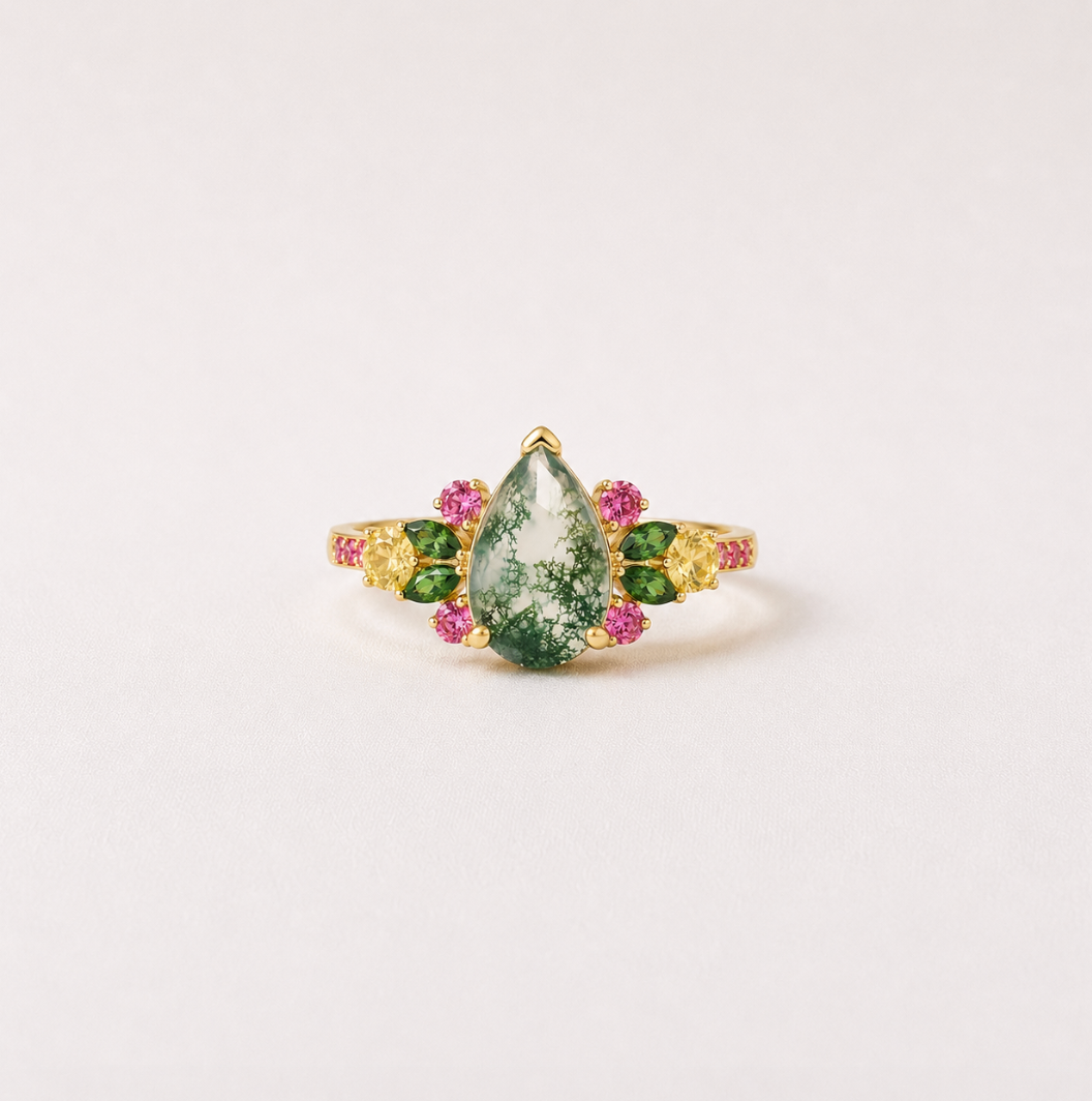 Moss Agate Ring, Pear cut Moss agate Engagement ring, Moss agate Garden Ring