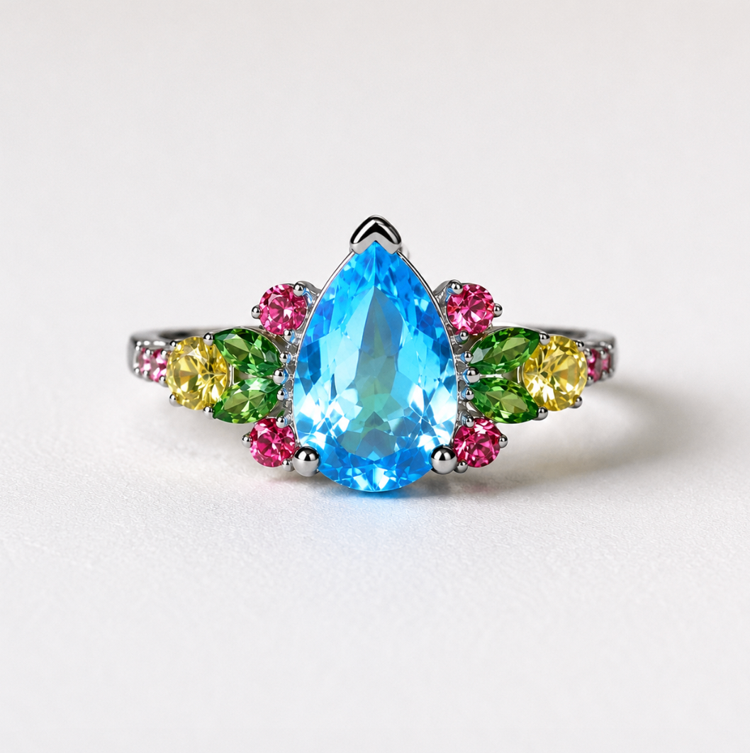 Pear cut Blue Topaz Engagement Ring, Topaz Engagement ring, Nature Inspired Leafy Engagement Ring