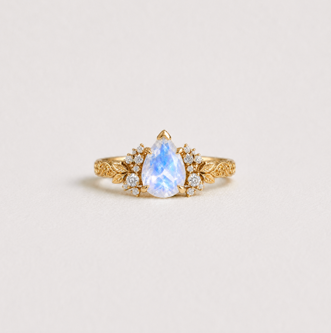 Northern Light Pear cut Moonstone Engagement Ring, Accent Diamond Engagement Ring