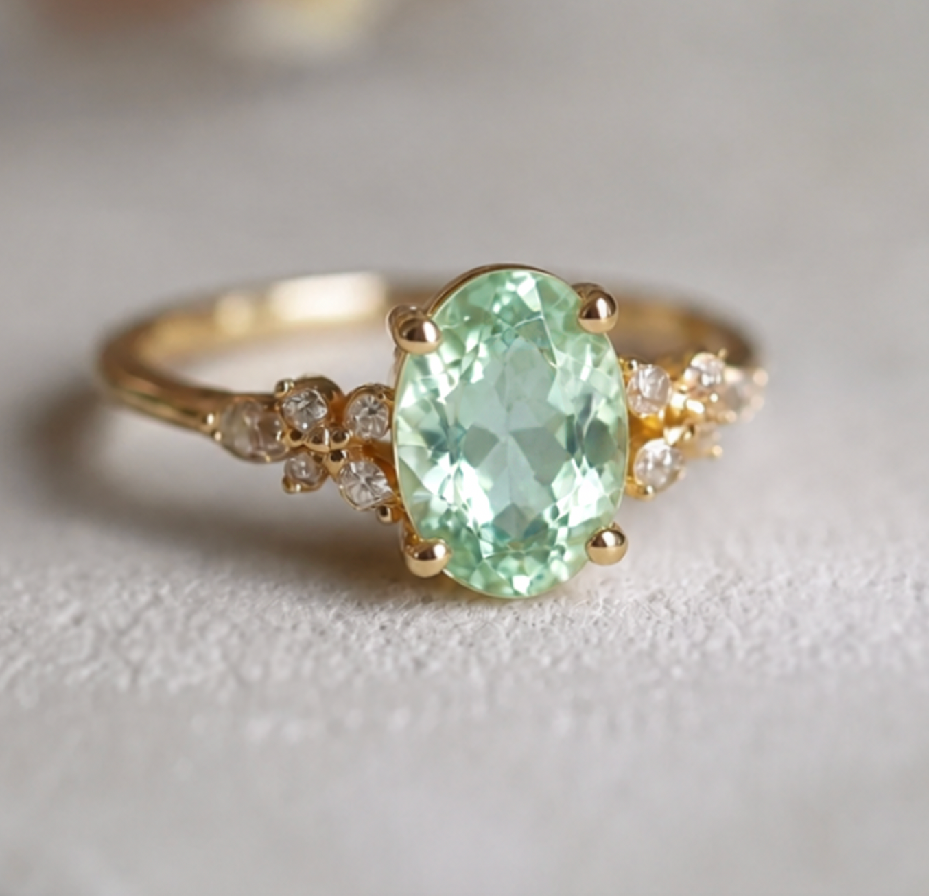 A gold ring featuring an oval-cut light green gemstone, accented by small clear stones on either side of the band, shown on a soft light gray background.