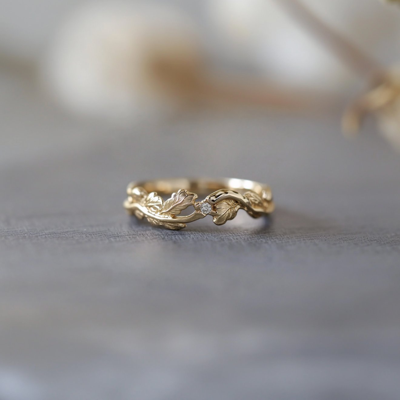 Wide band for men and women, Leafy Twisted Gold Wedding Ring