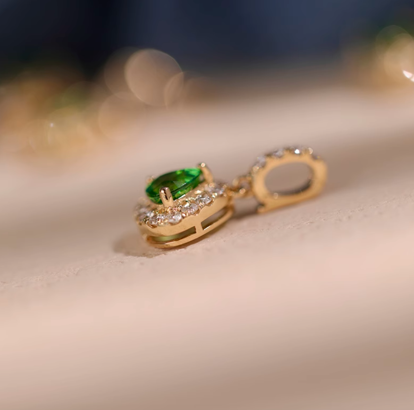 Dune's Garden 18k Gold Tsavorite necklace, Solid Gold Tsavorite pendant with Diamond