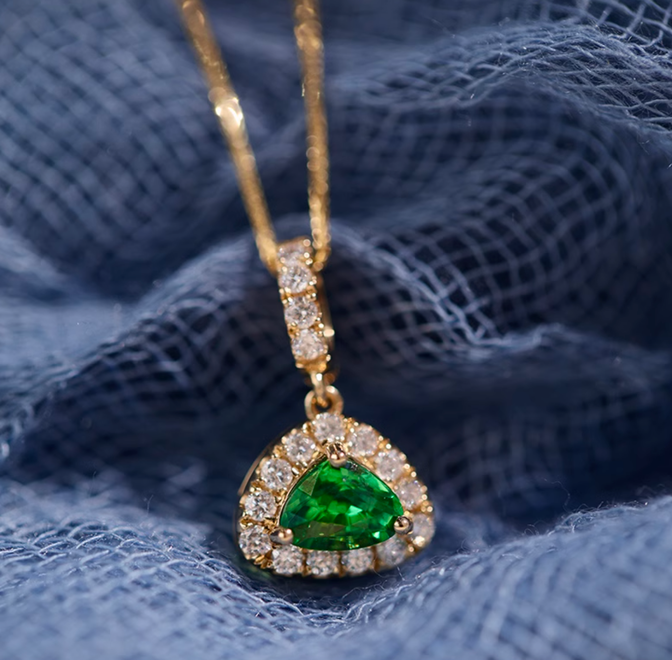Dune's Garden 18k Gold Tsavorite necklace, Solid Gold Tsavorite pendant with Diamond