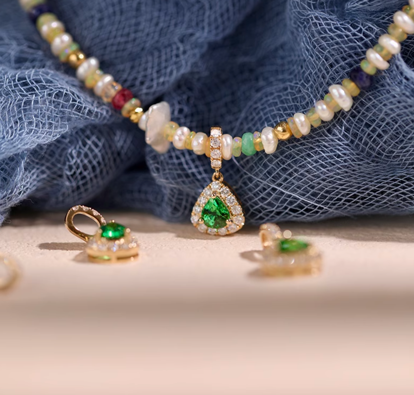 Dune's Garden 18k Gold Tsavorite necklace, Solid Gold Tsavorite pendant with Diamond