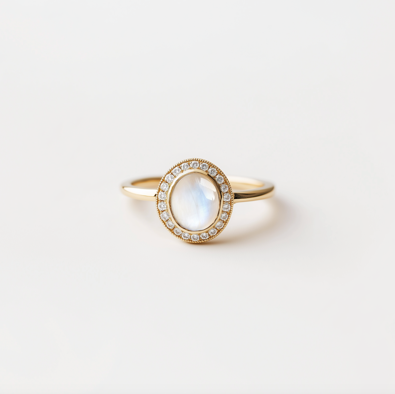 Orla Halo Moonstone Ring in Solid Gold, Moonstone Engagement Ring 14k Gold