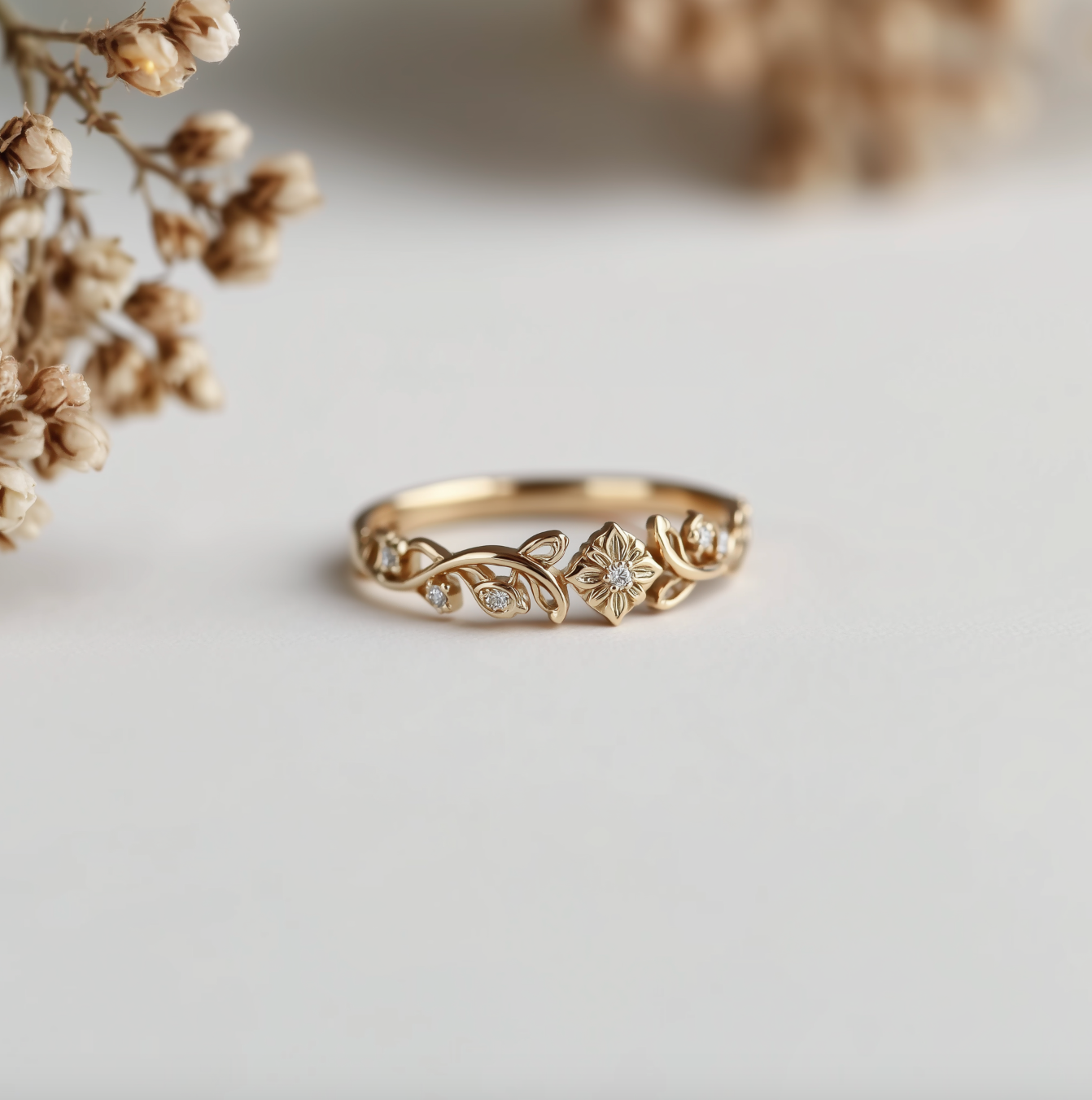Solid Gold Floral Diamond Wedding Band, Diamond Wedding Ring, Matching Band