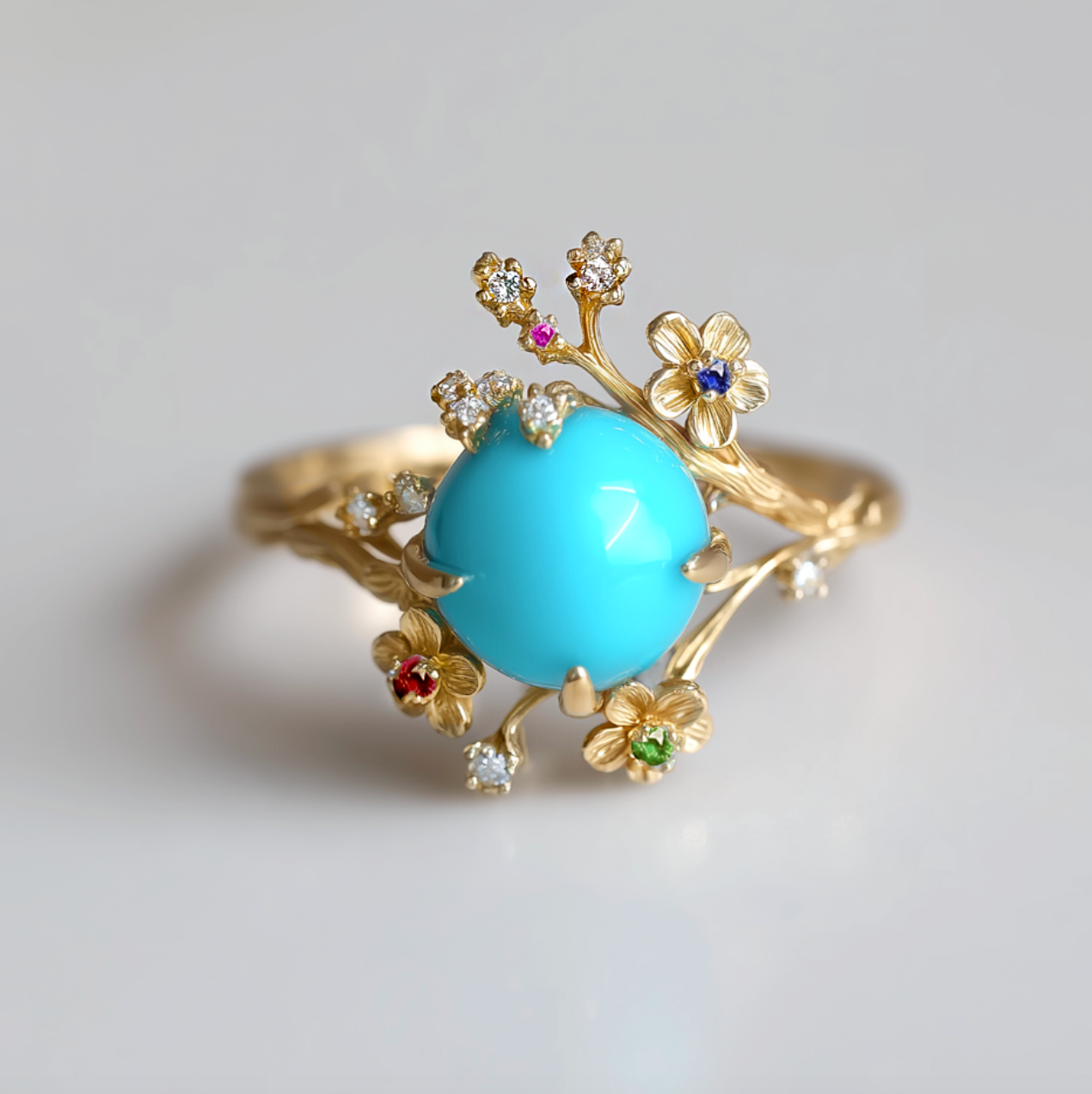 Blooming Forest Turquoise Engagement ring, Natural Turquoise Engagement ring, Floral Wedding Ring, Statement ring