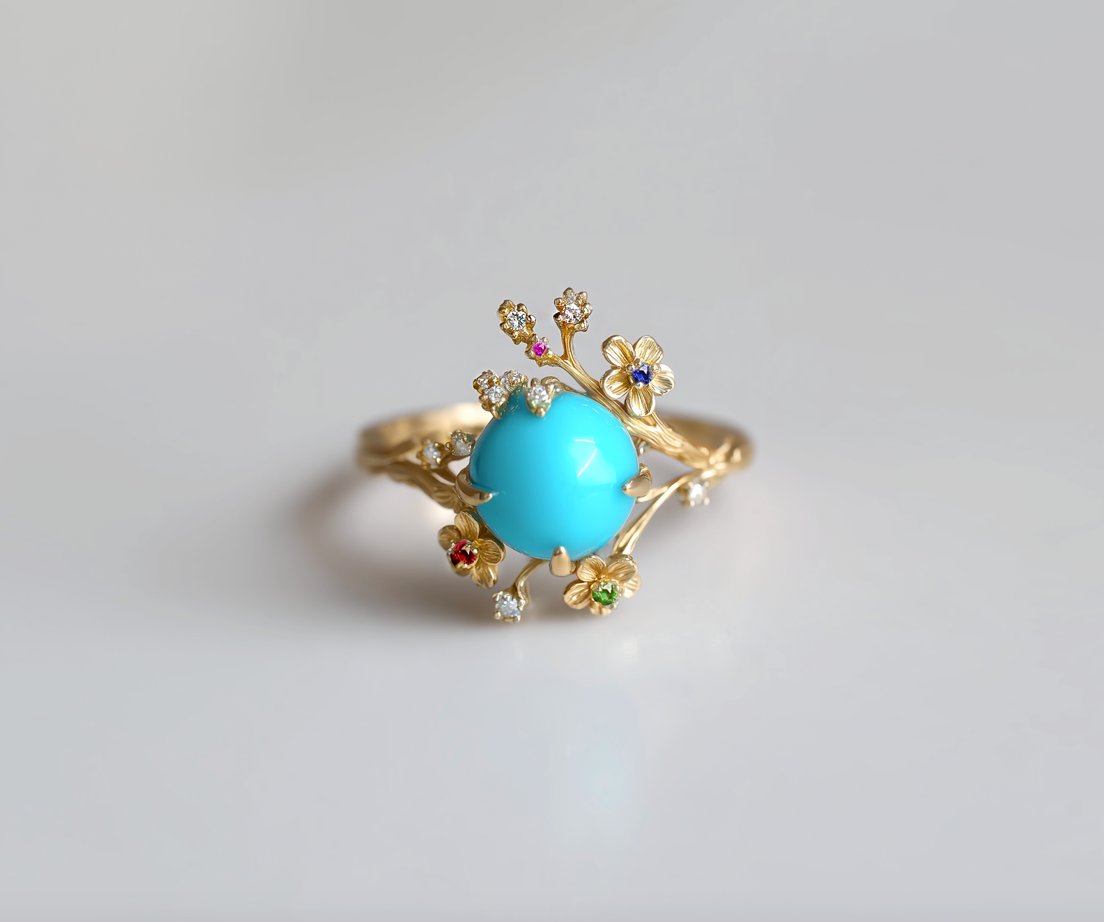 Blooming Forest Turquoise Engagement ring, Natural Turquoise Engagement ring, Floral Wedding Ring, Statement ring