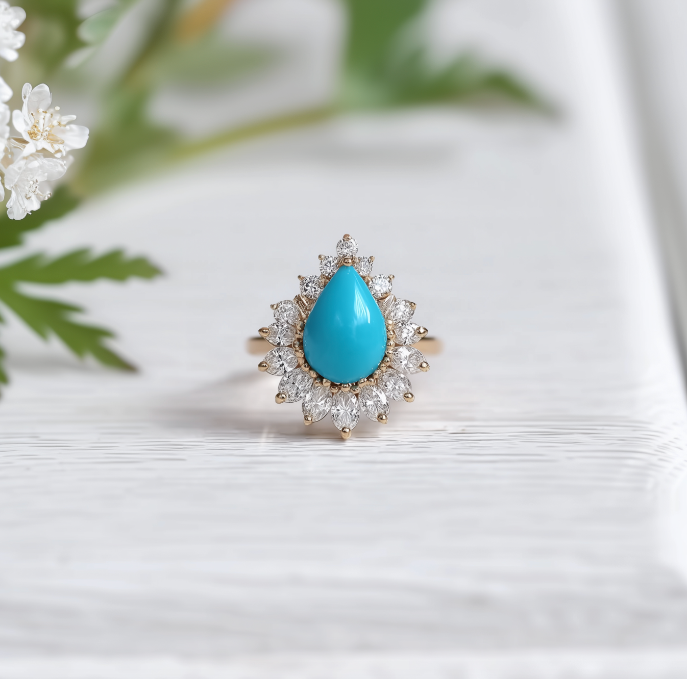 Natural Blue Turquoise Engagement ring, Pear Turquoise Engagement ring, Floral Wedding Ring