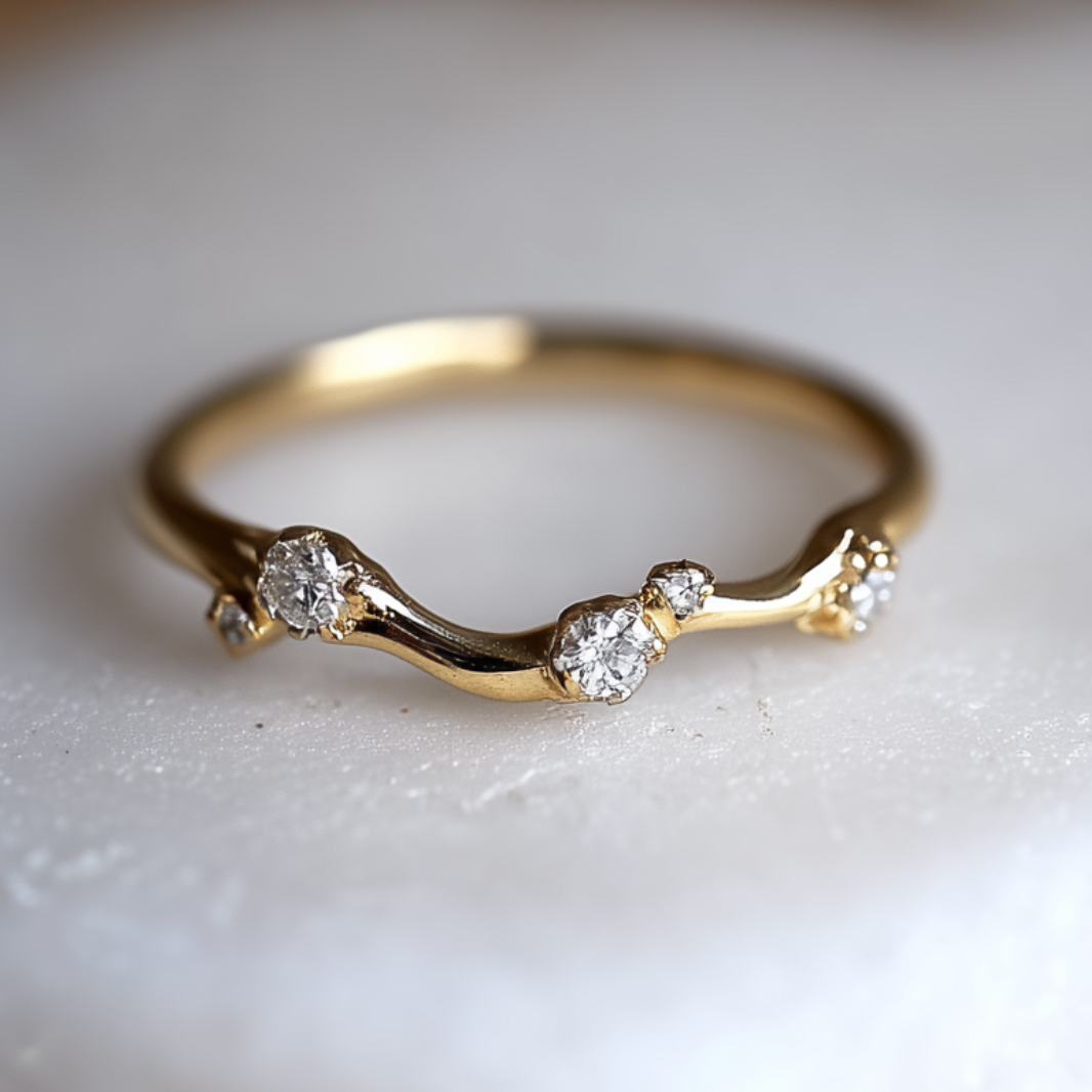 Gold ring with small diamonds on a light background