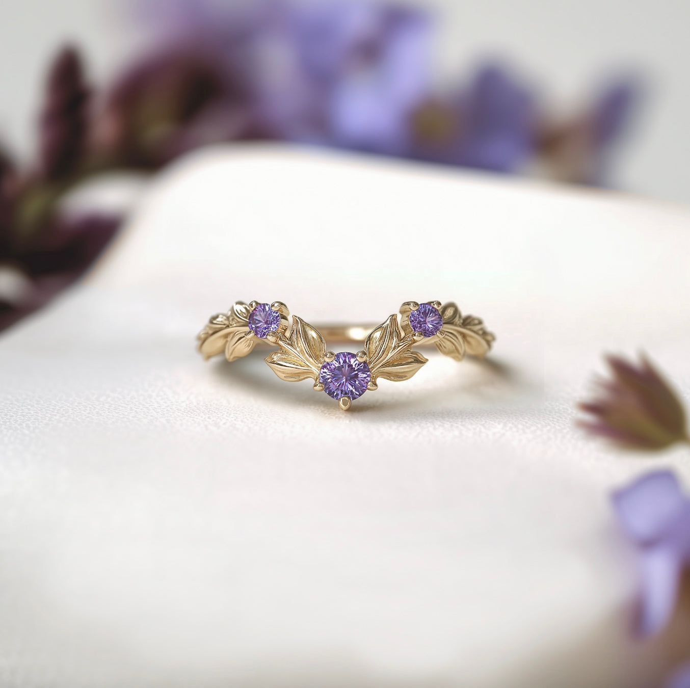 14k Gold Curved Amethyst Wedding Band, Natural Amethyst Wedding Stackable Ring