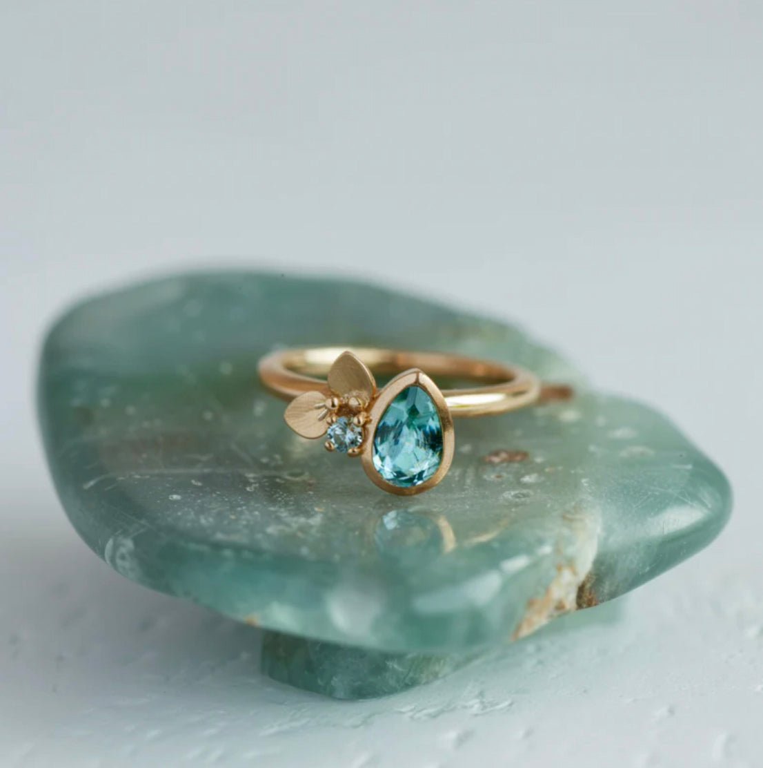 Water Lily Natural Apatite Engagement ring, Solid Gold Apatite ring