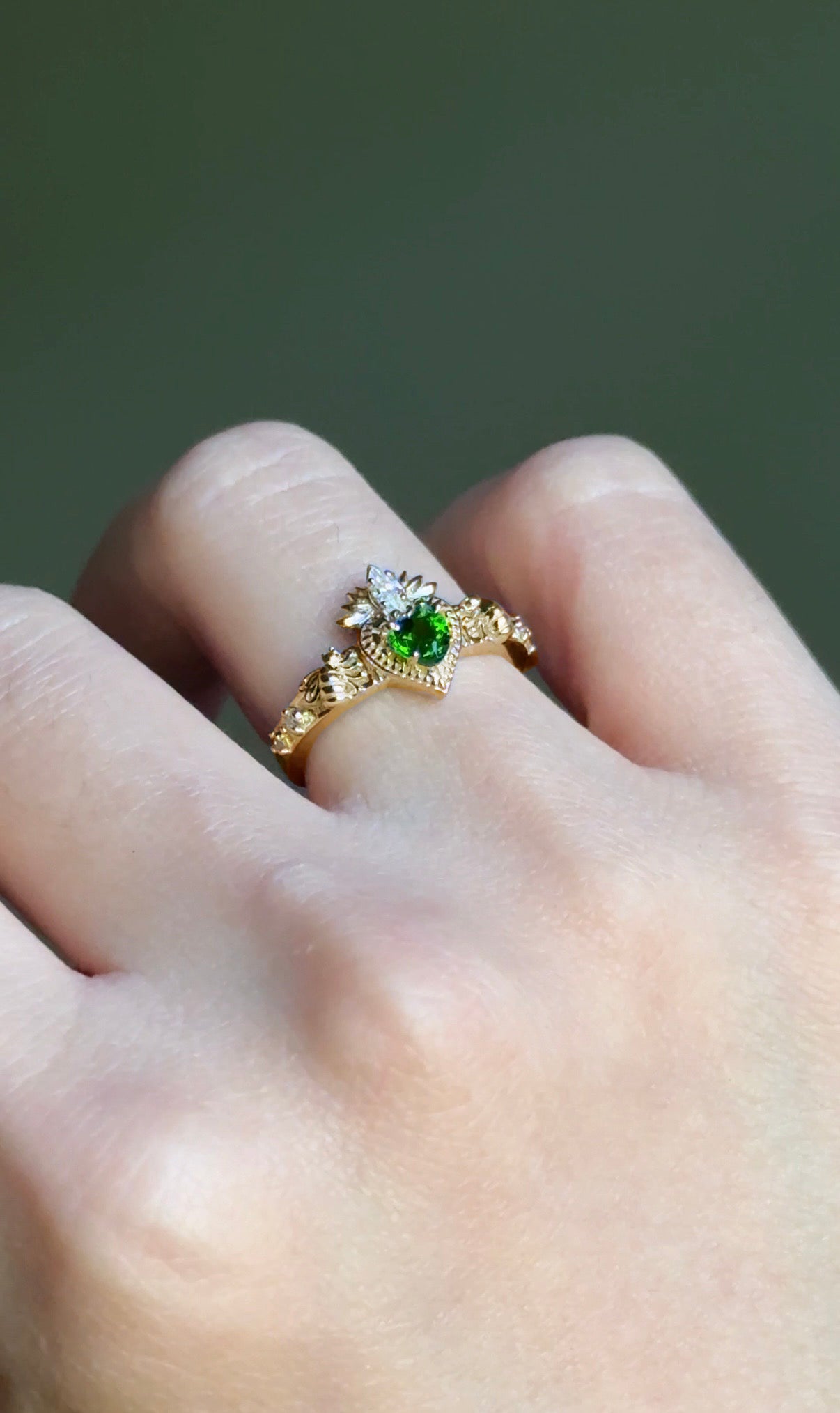 Yellow Gold Heart Tsavorite Ring, Green Tsavorite engagement ring