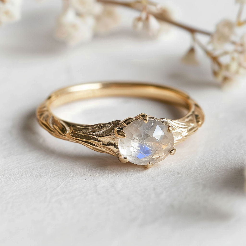 14k Gold Raw Moonstone Engagement ring, Solitary Engagement Ring