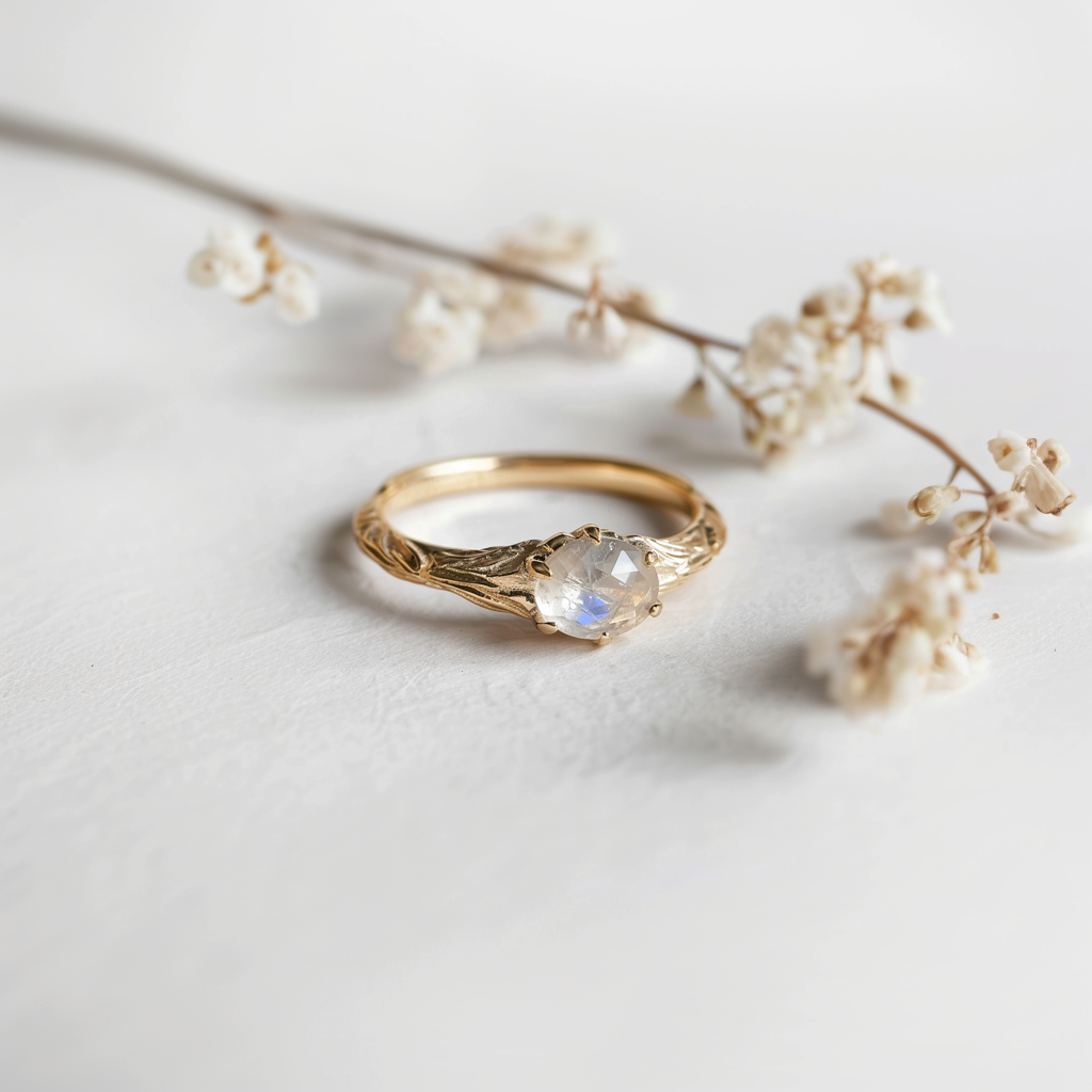 14k Gold Raw Moonstone Engagement ring, Solitary Engagement Ring