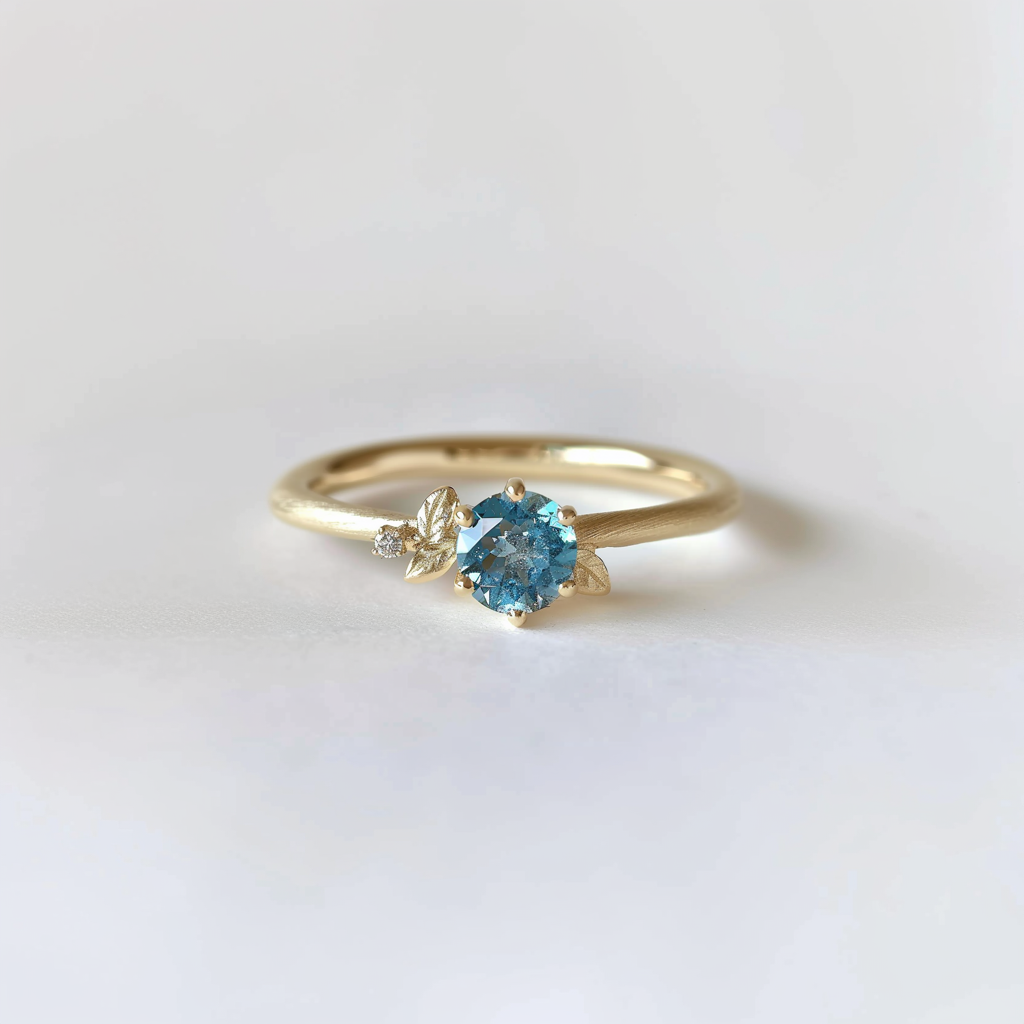 Blue Diamond Engagement Ring, Leafy band diamond ring, Minimalist Ring