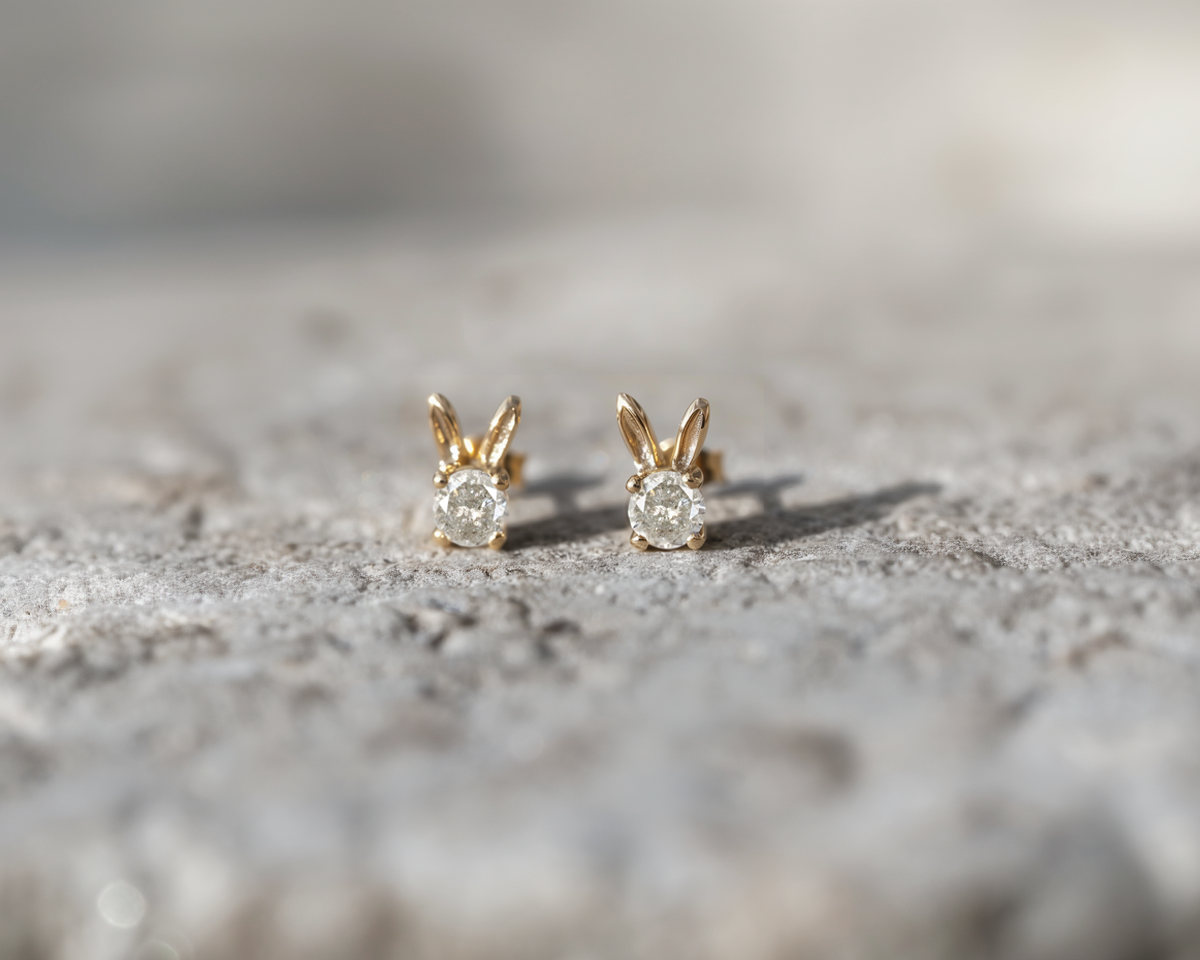 Cute Pepper and diamond Diamond Dainty Studs, Rabbit Studs, Animal Earrings