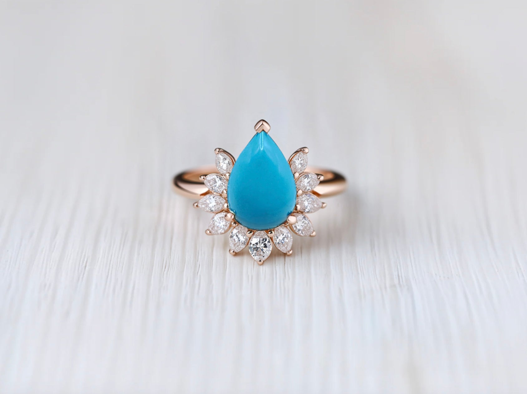 Natural Blue Turquoise Engagement ring, 14k Gold Pear Turquoise Engagement ring, Floral Wedding Ring
