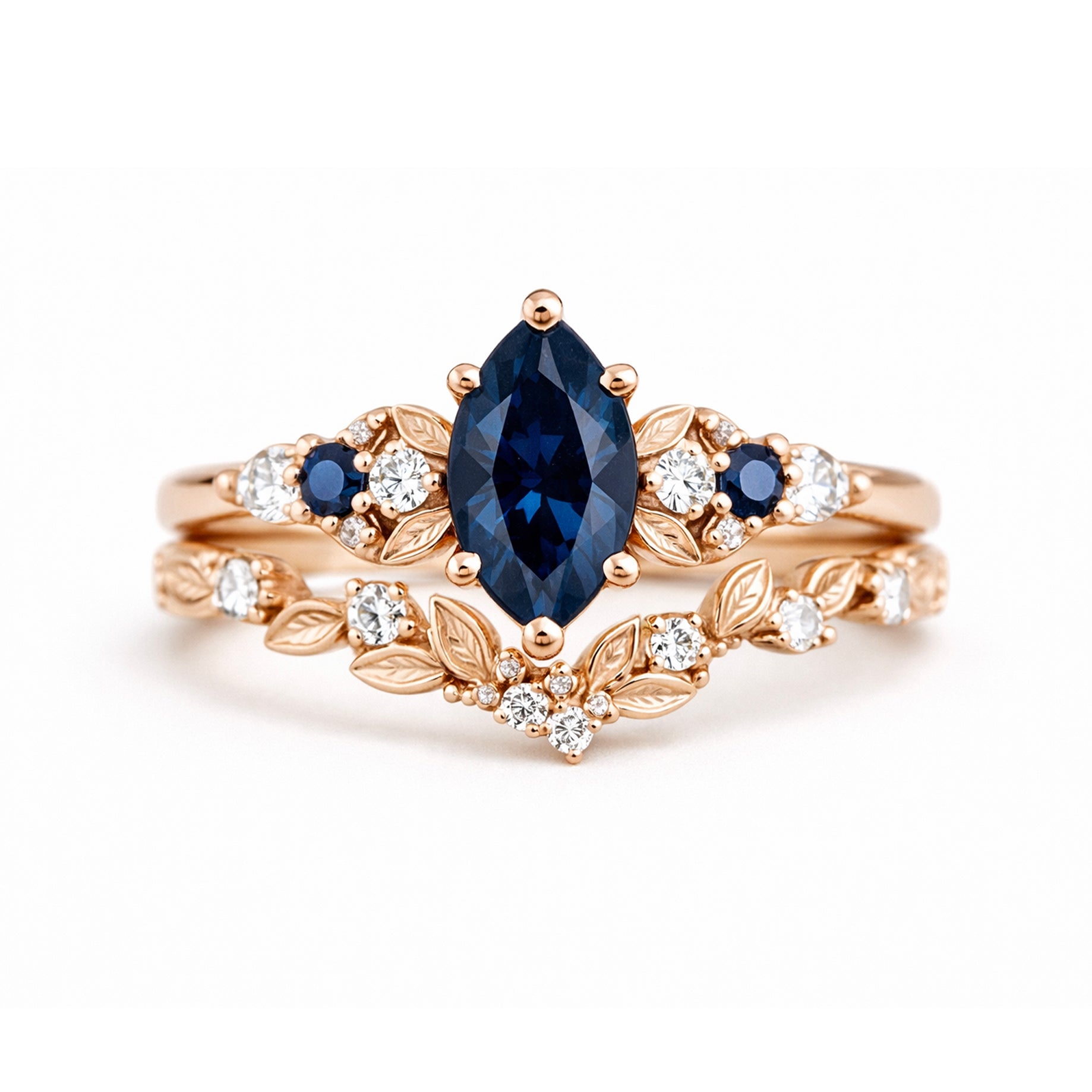 Everleaf marquise Sapphire ring, Blue Sapphire ring, Engagement Ring Set