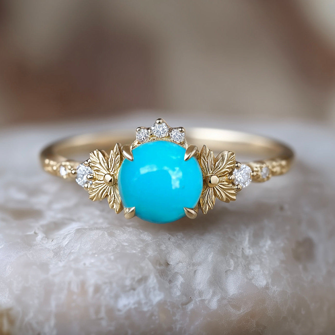 Cabochon Turquoise Engagement ring, Natural Turquoise Engagement ring, Floral Turquoise Wedding Ring