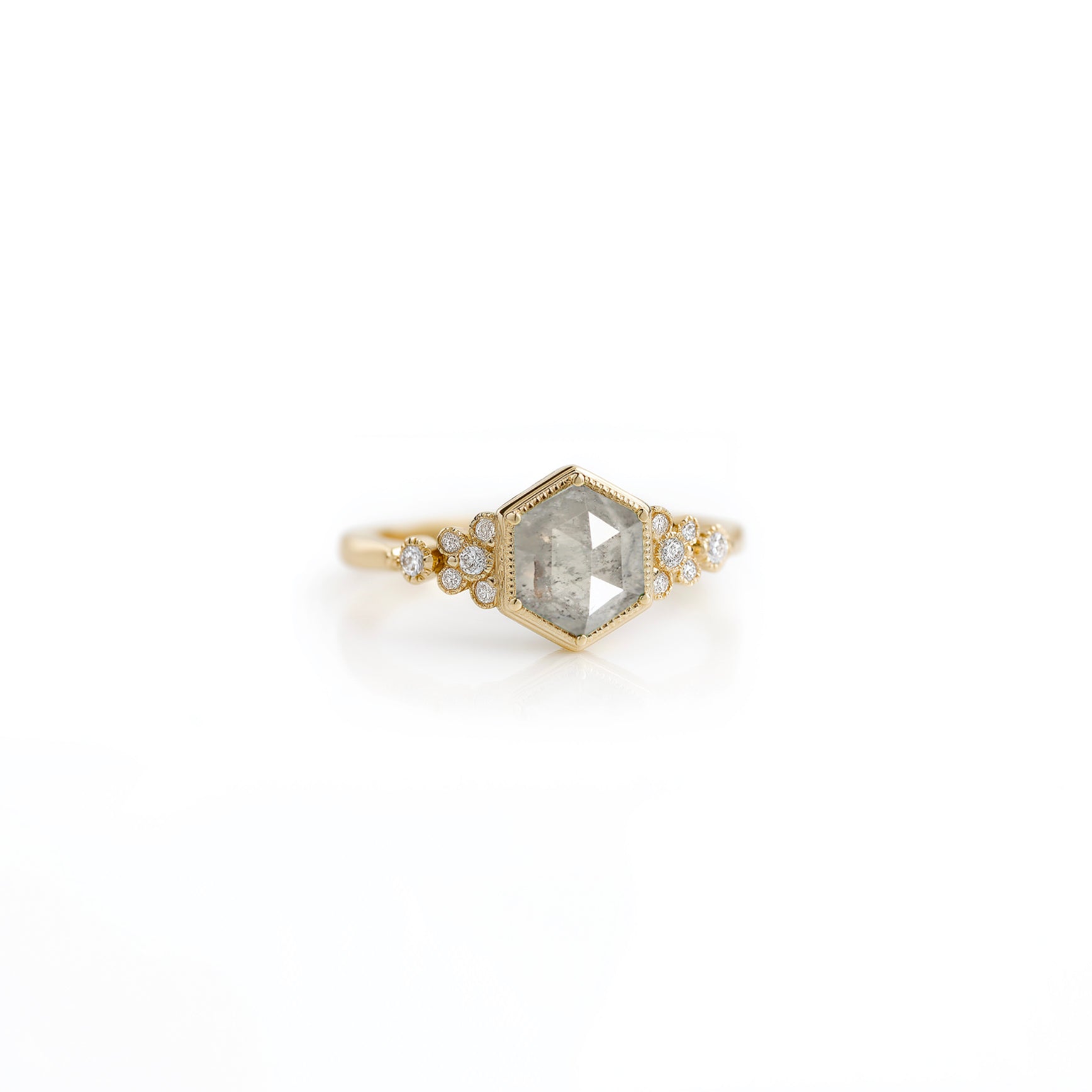 Hexagon Diamond Ring, Salt and Pepper Diamond Engagement Ring