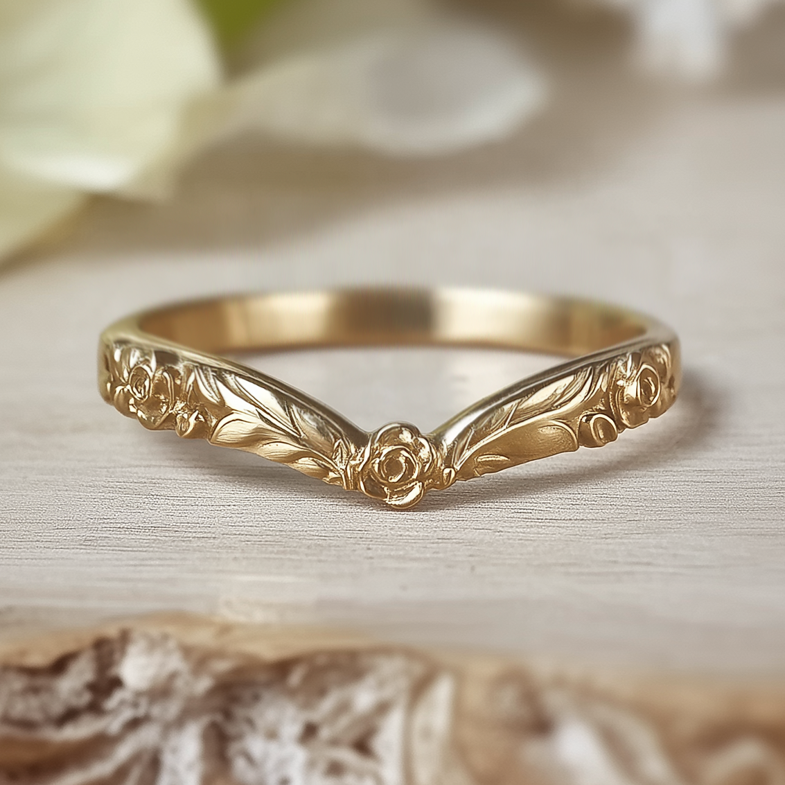 Gold ring with floral engraving on a textured surface