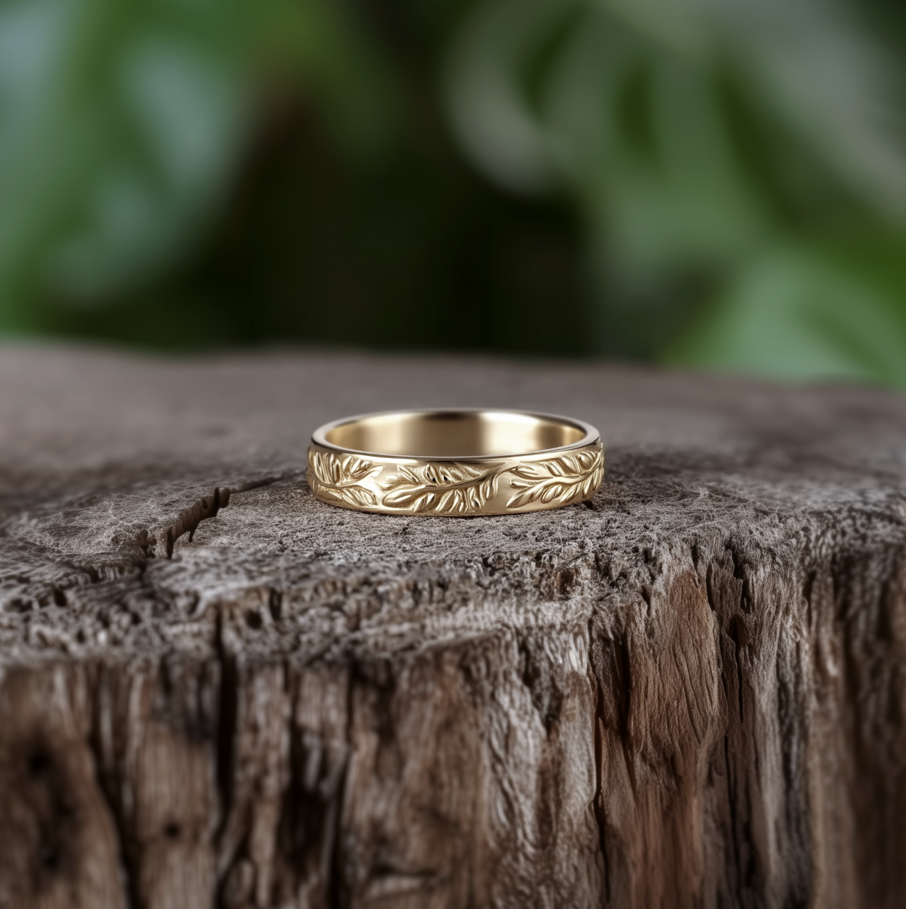 Men's Wide Engraved Wedding Band, Engraved Leaf Ring for Men and Women