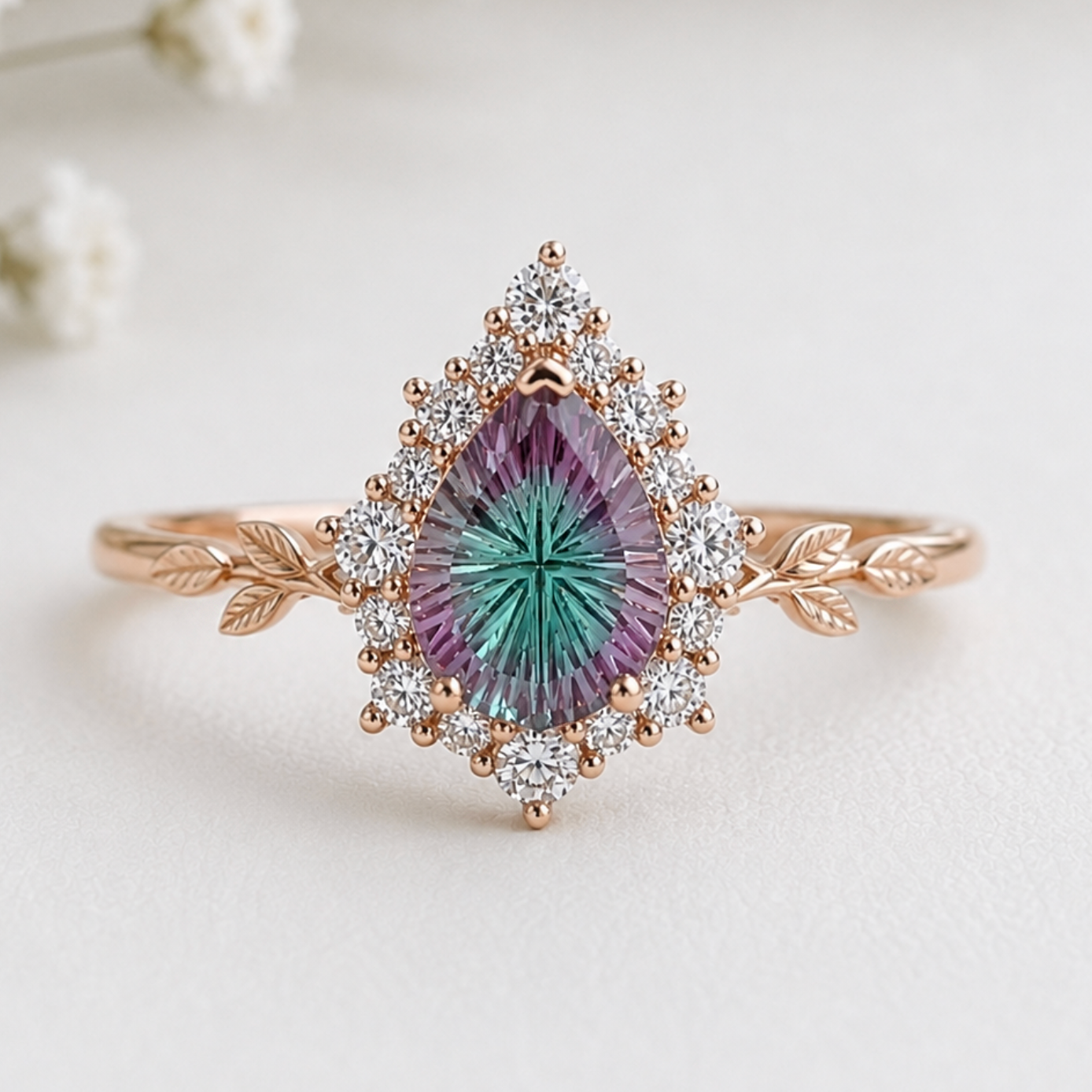 firework cut alexandrite ring with leaves on the shank