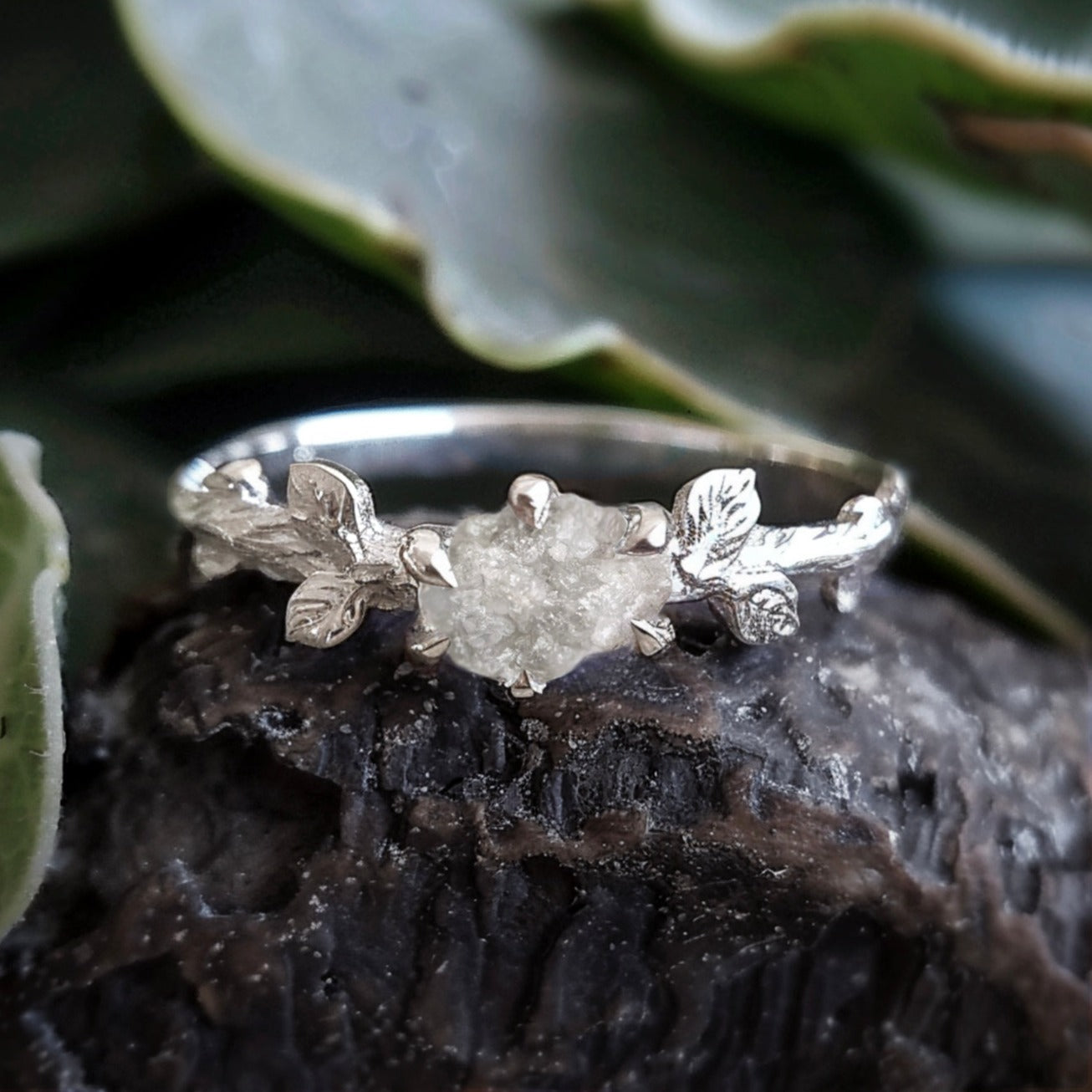 Raw Diamond Engagement Ring, Sterling Silver Ring