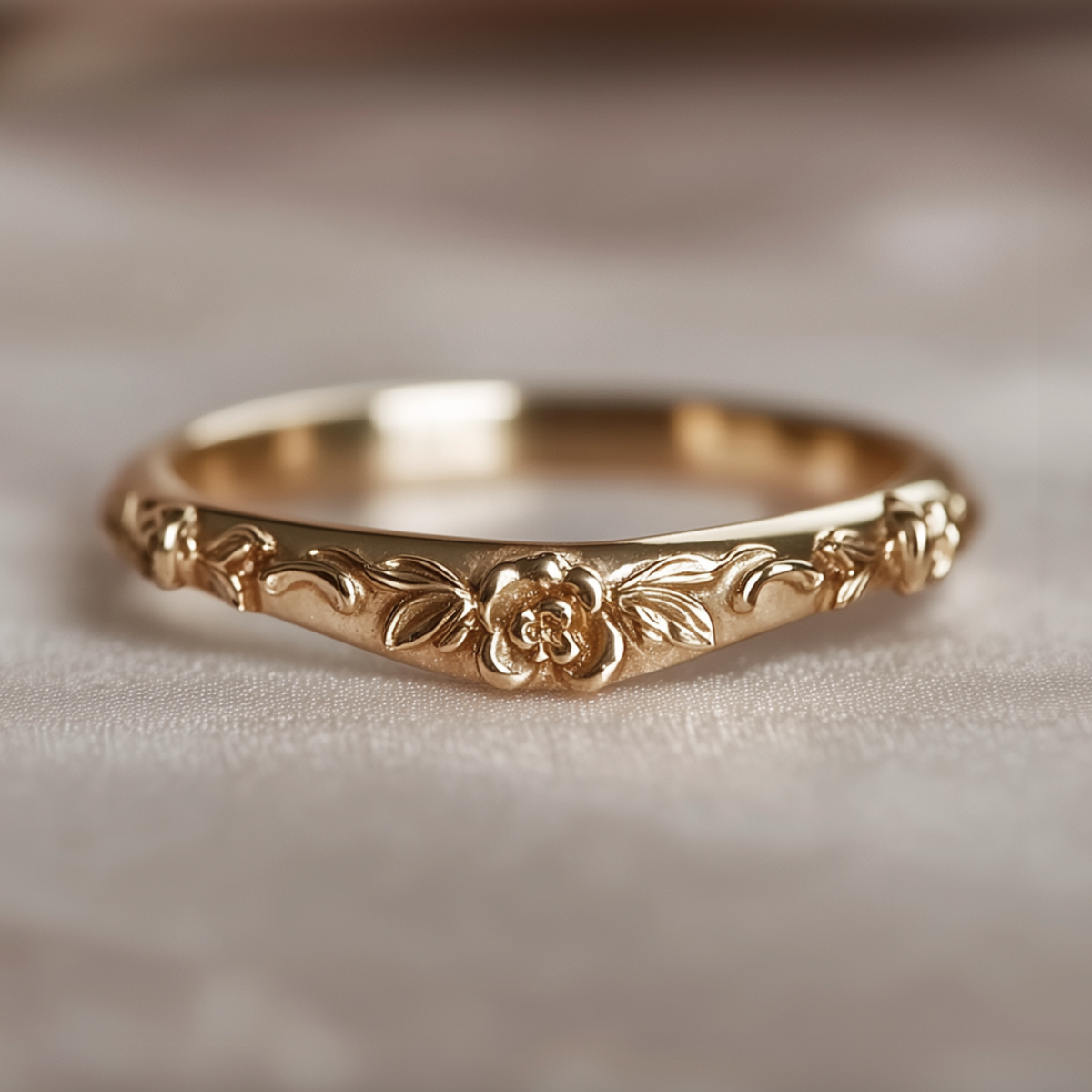 Hand engraved floral gold wedding band with botanical leaf details