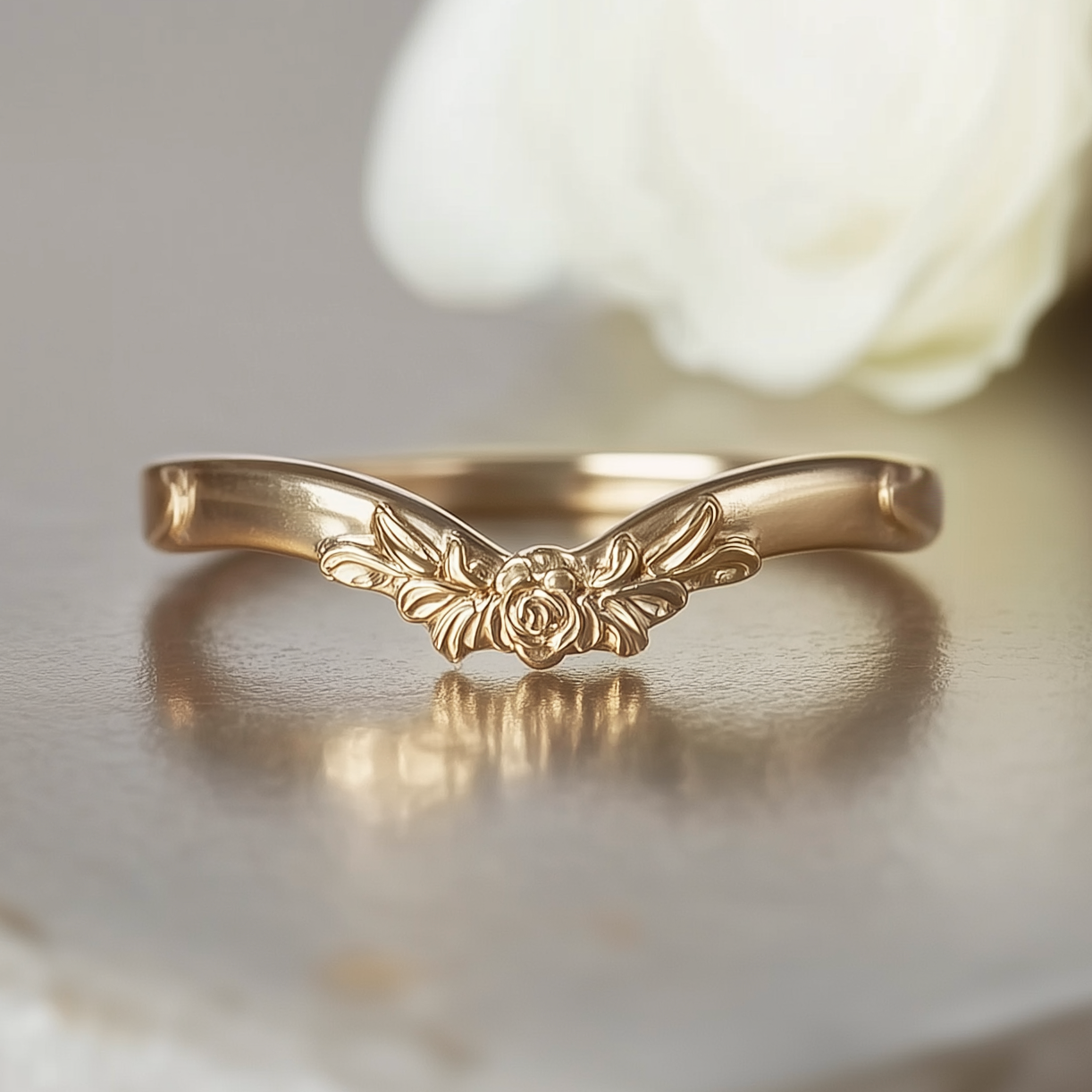 Gold ring with floral design on a reflective surface