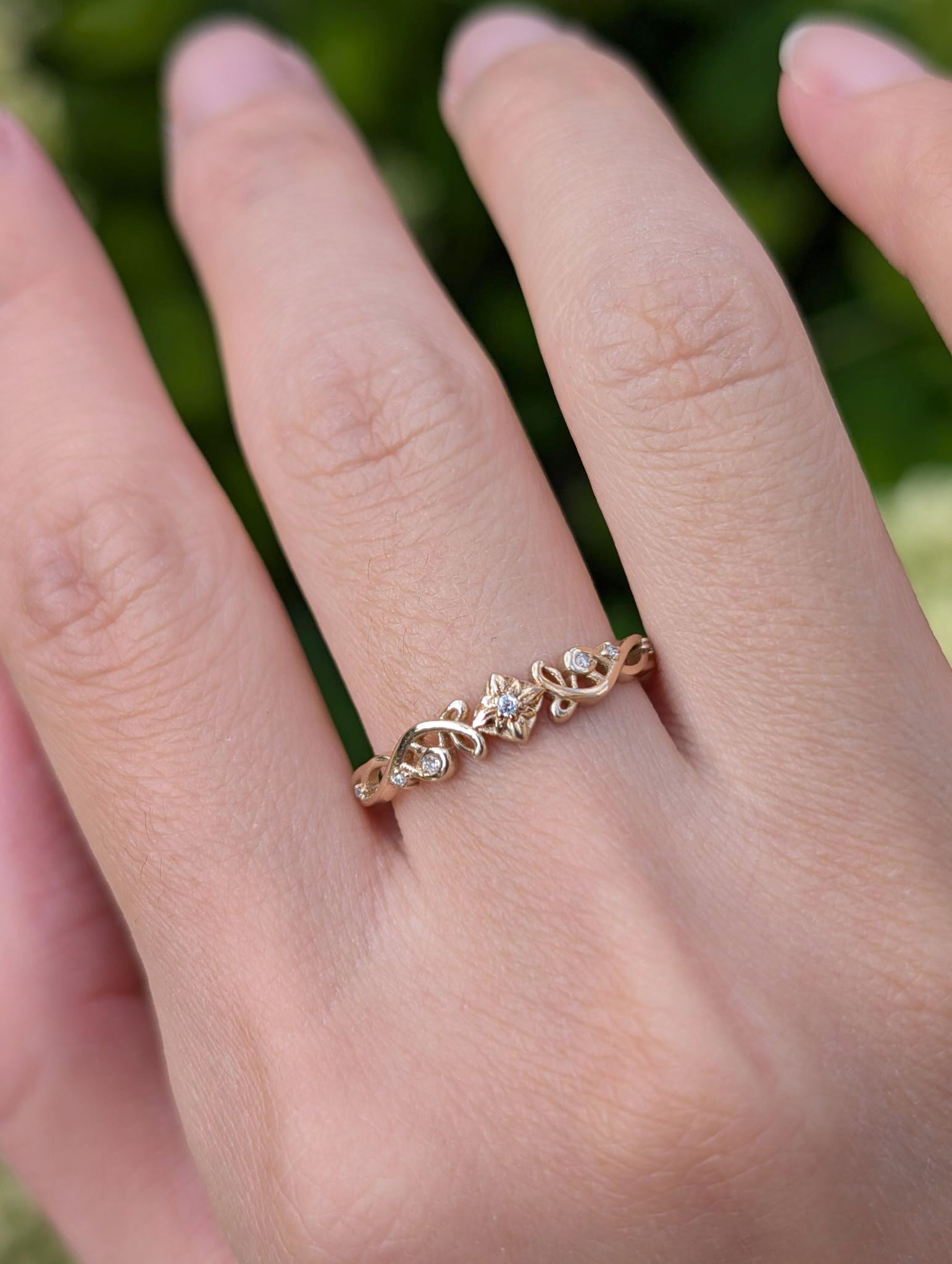 Solid Gold Floral Diamond Wedding Band, Diamond Wedding Ring, Matching Band