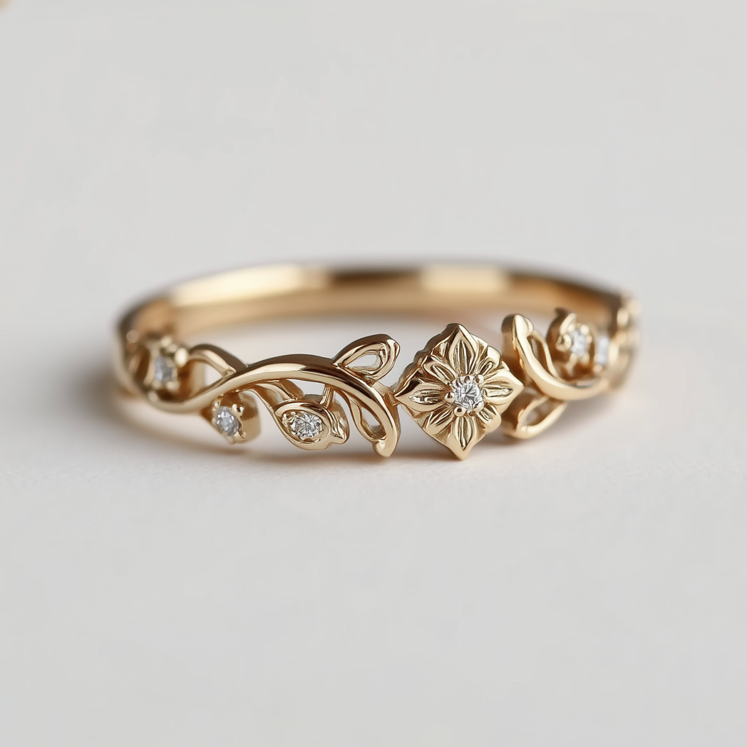 Solid Gold Floral Diamond Wedding Band, Diamond Wedding Ring, Matching Band