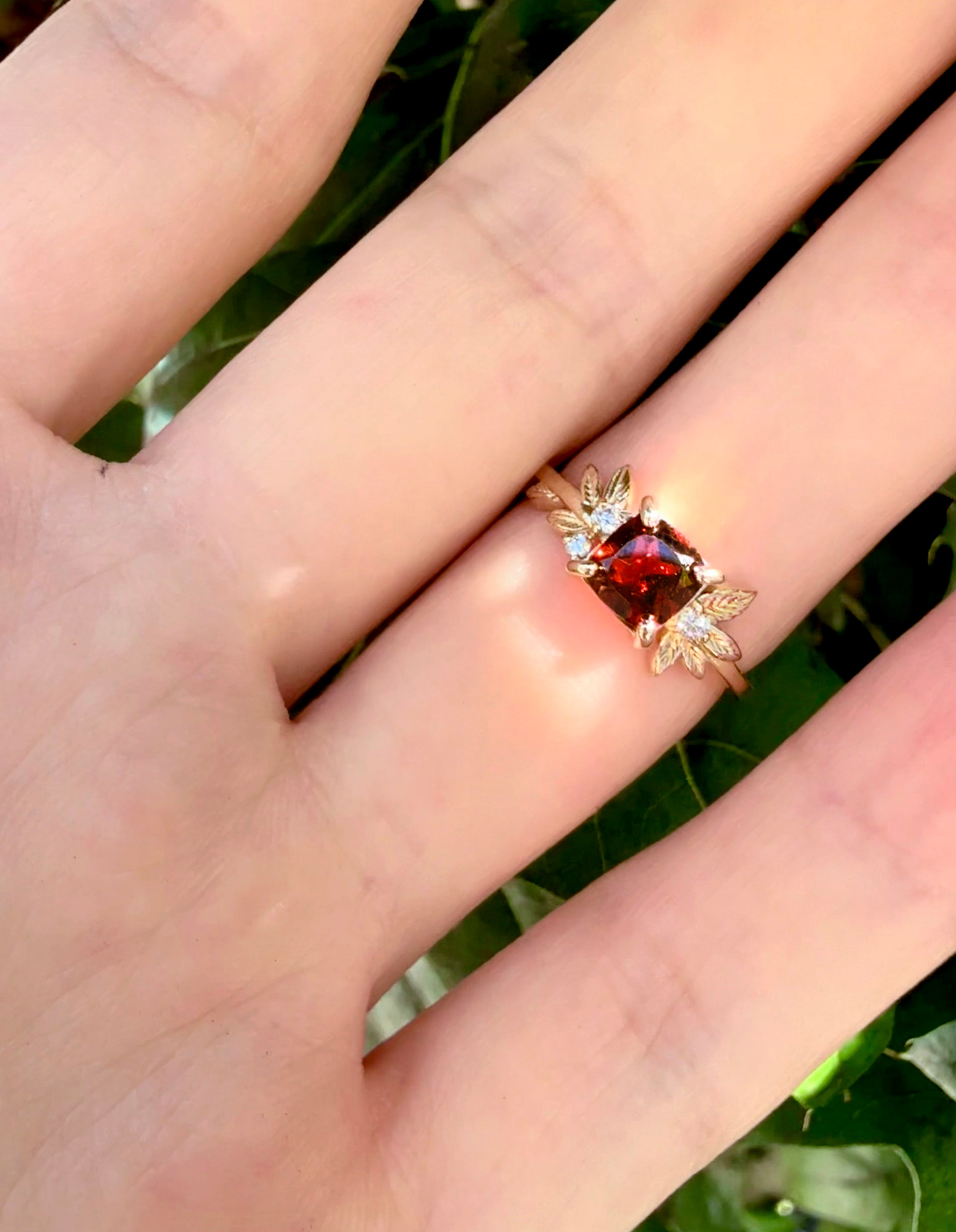 Crimson Grove Red Cushion square Garnet Ring, Red Garnet engagement ring, Garnet Leaf Ring