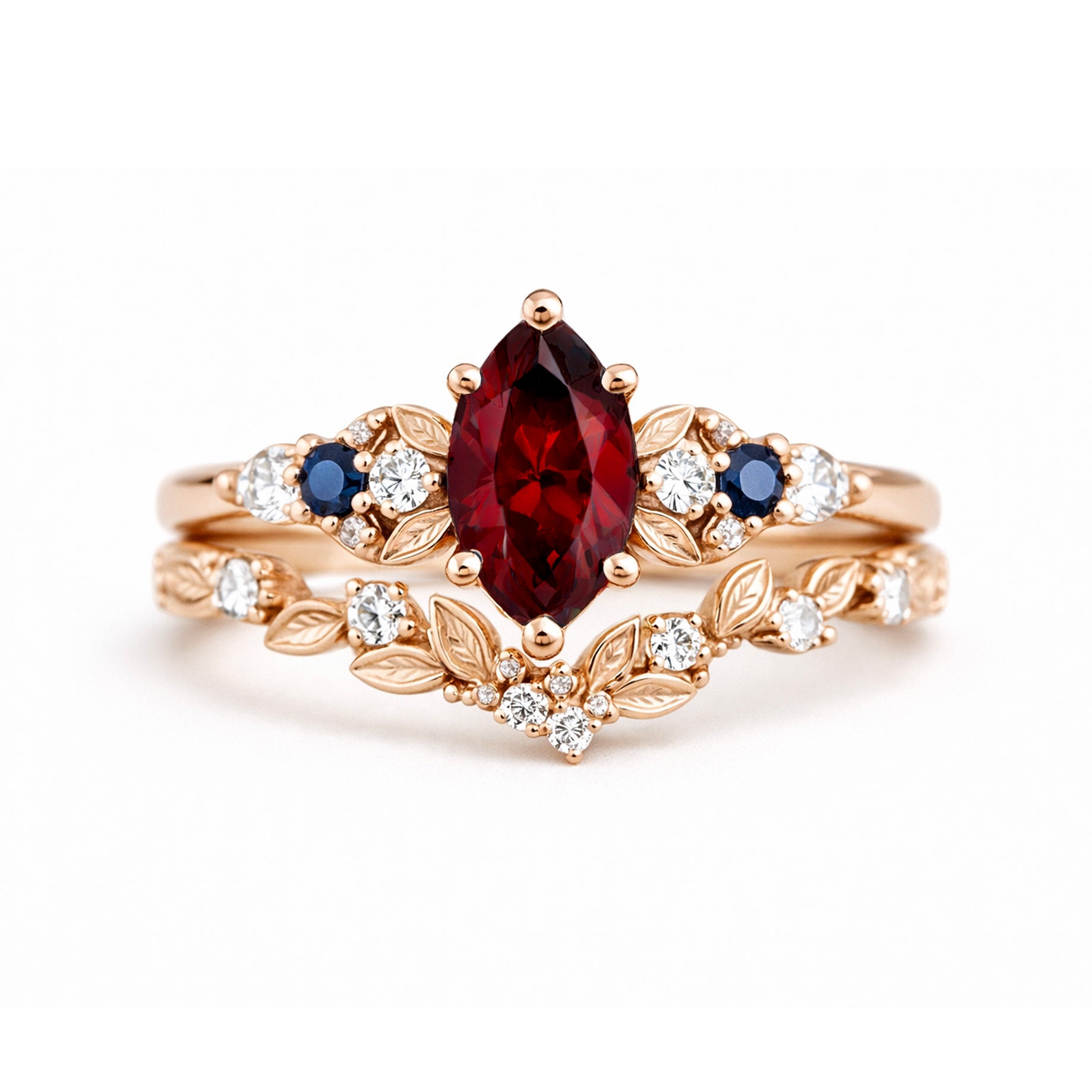 Twilight Vine Garnet Ring set, Marquise red Garnet engagement ring