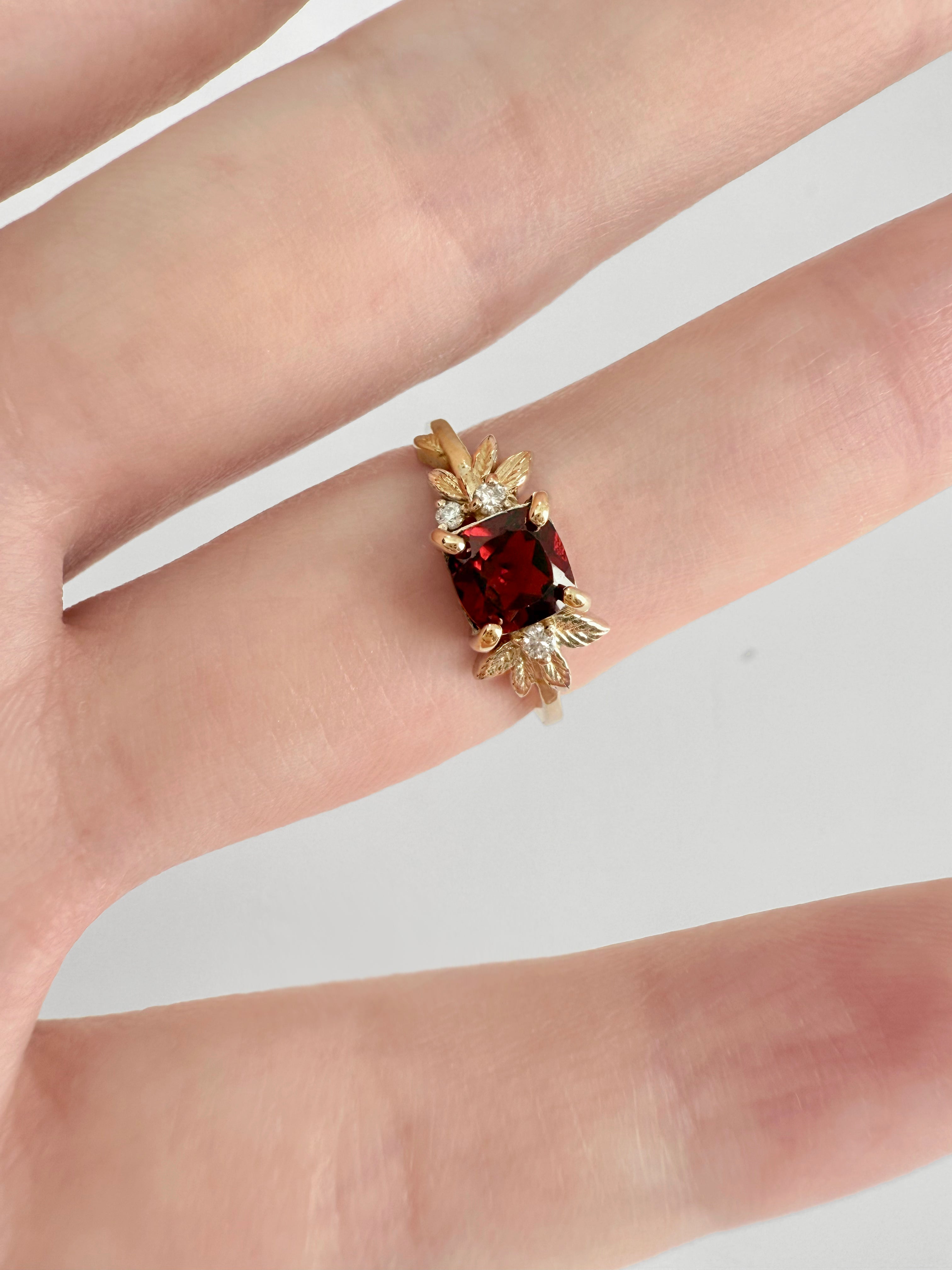 Crimson Grove Red Cushion square Garnet Ring, Red Garnet engagement ring, Garnet Leaf Ring