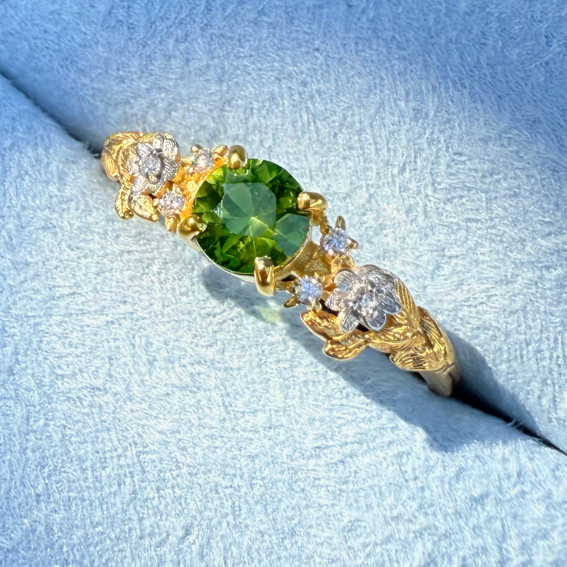 Yellow Gold Green Sapphire ring, Rare Green Blue Sapphire Engagement ring