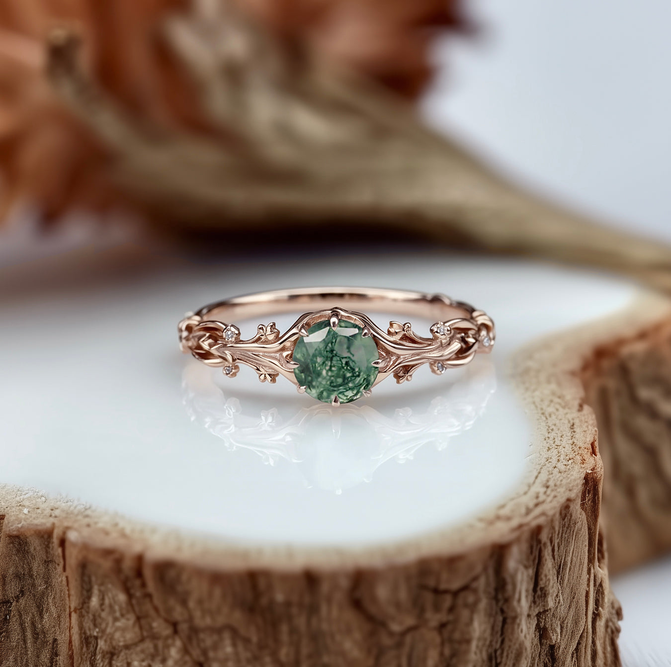 Green Moss agate Engagement ring, Moss agate Twig Ring